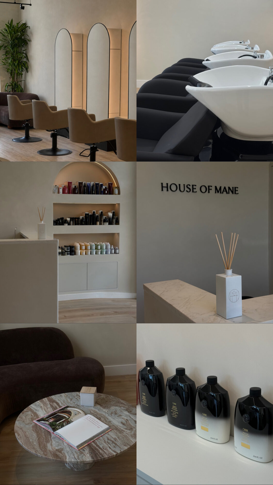 Salon with hair washing stations, shelves with products, and a seating area with a table and magazines.