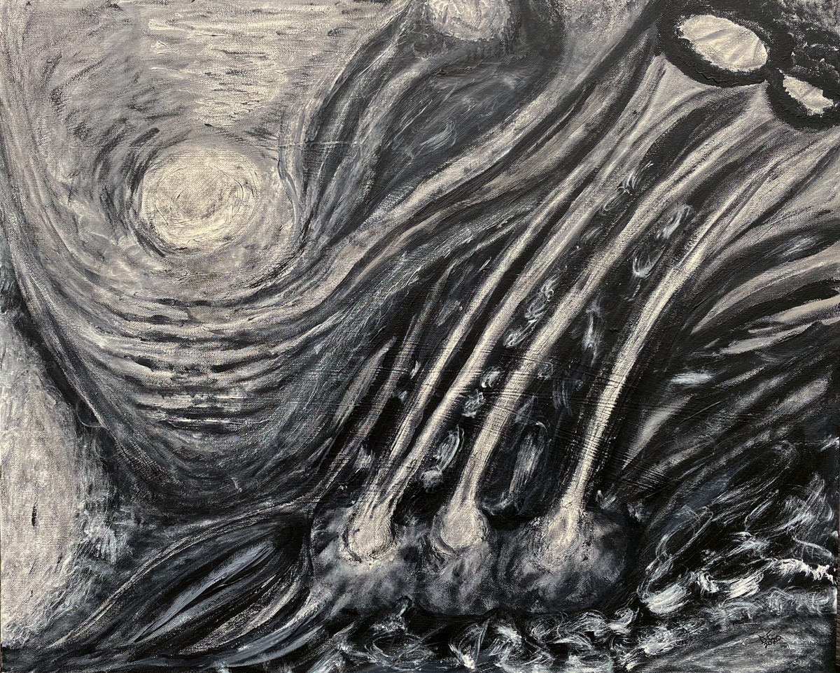 A black and white painting of a swirling sky and flowing water with three large bones in the foreground.