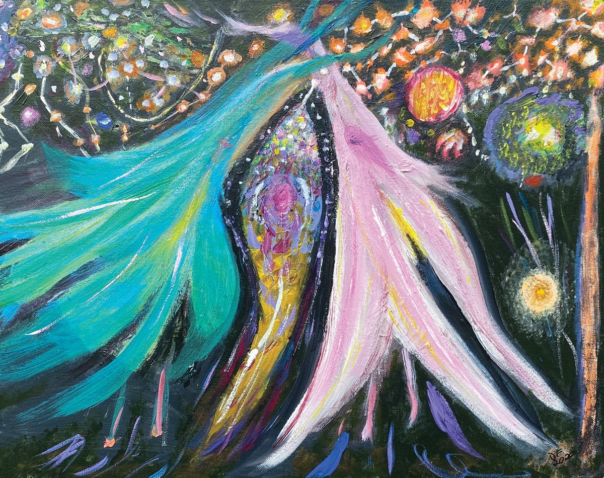 Abstract painting with flowing colors, bright lights, and swirling patterns, featuring two central figures with extended arms.