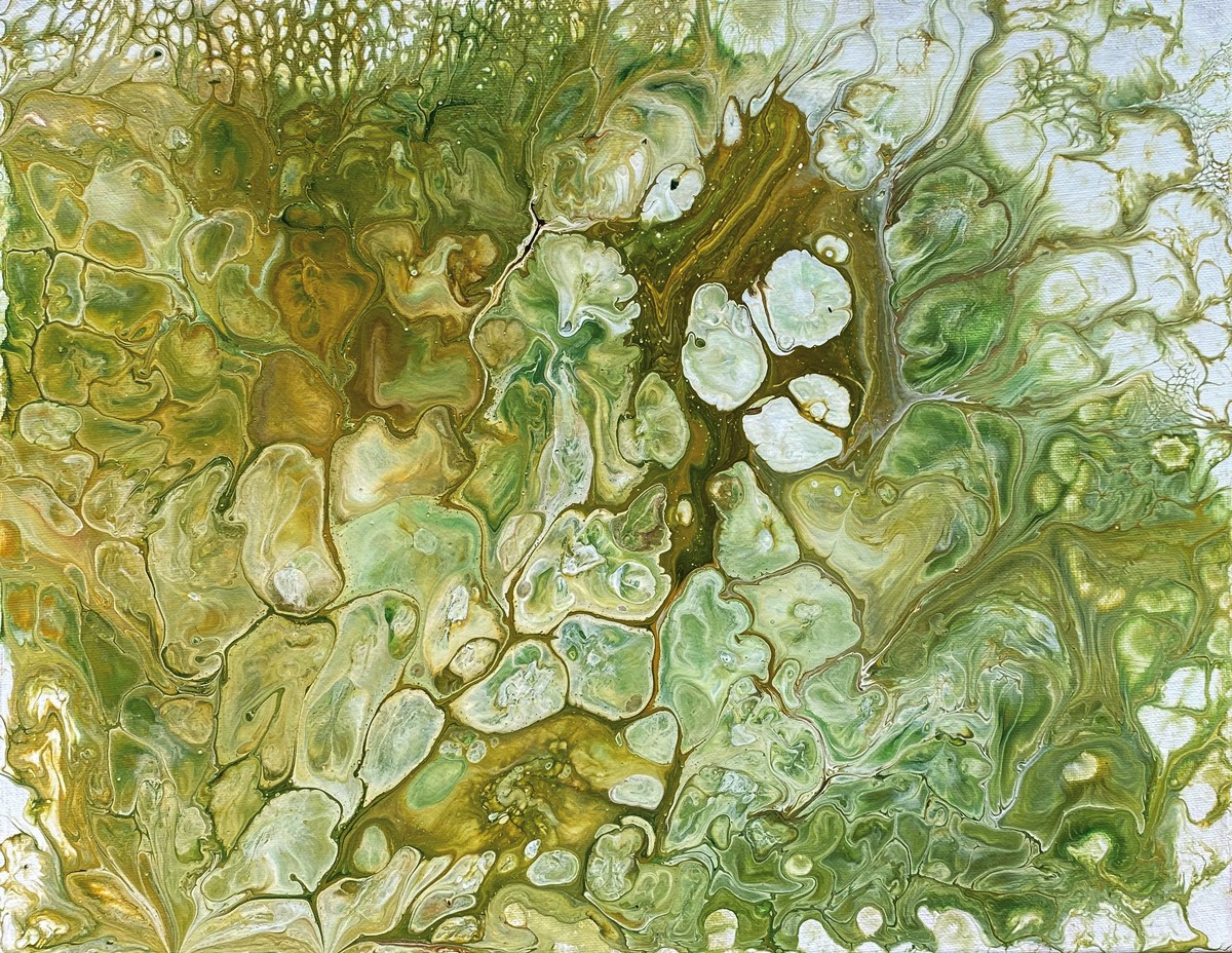 Abstract painting with green, brown, and white swirling patterns and textures.