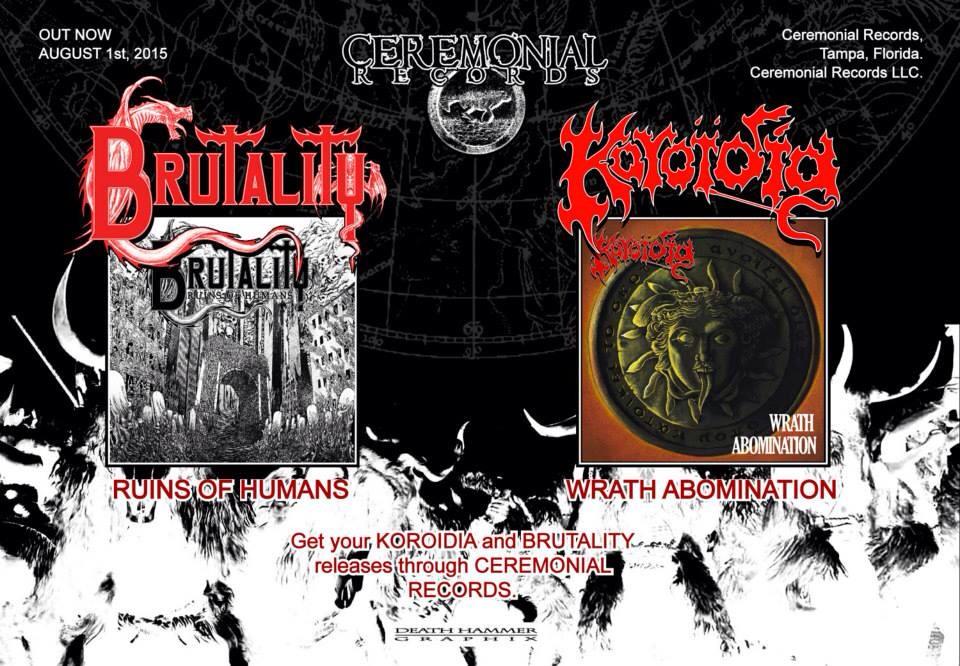 Black background with two album covers, band names, and text about releases and record labels, with black and white abstract designs.