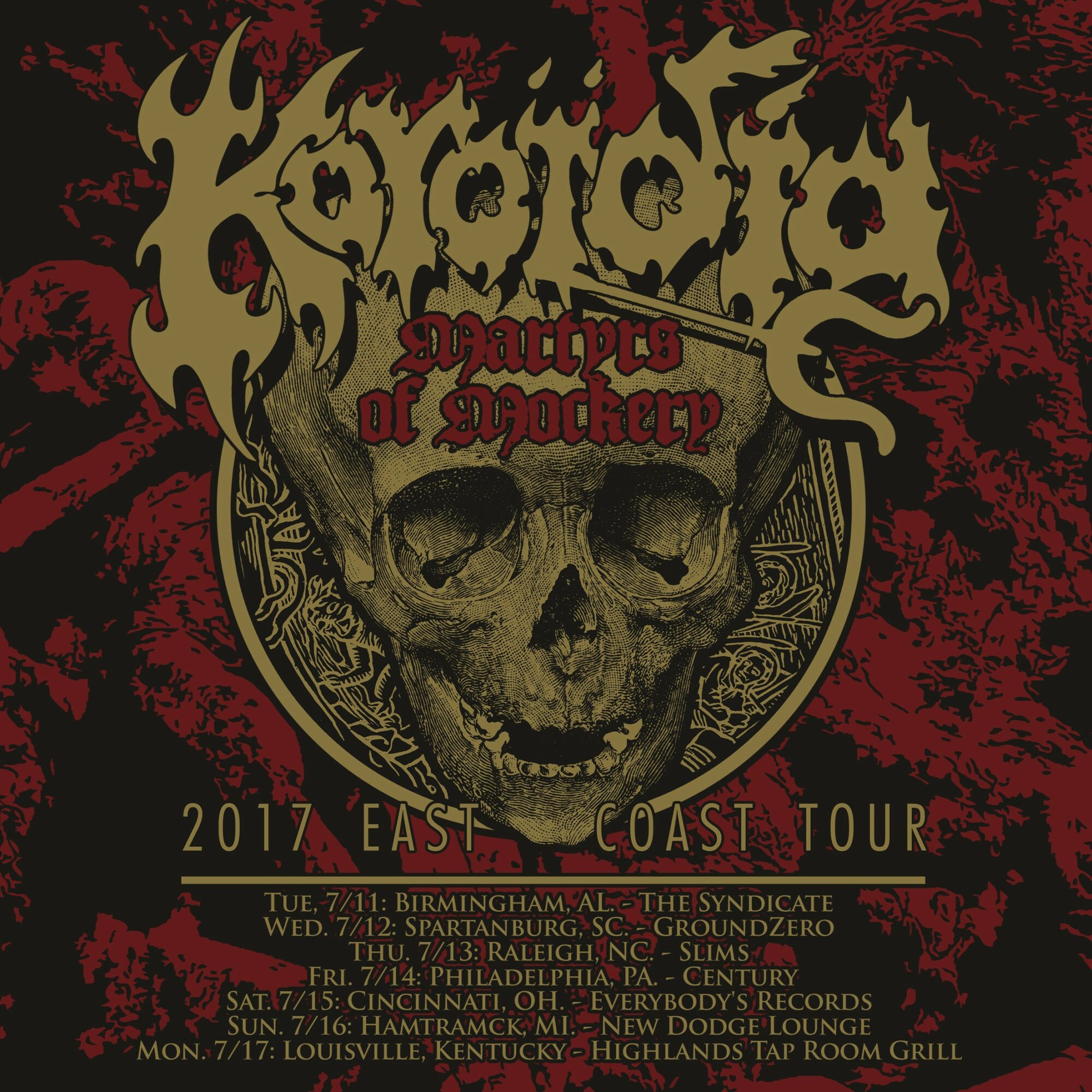 Band logo with a skull and stylized text, background with red and black splatters, tour dates listed below.