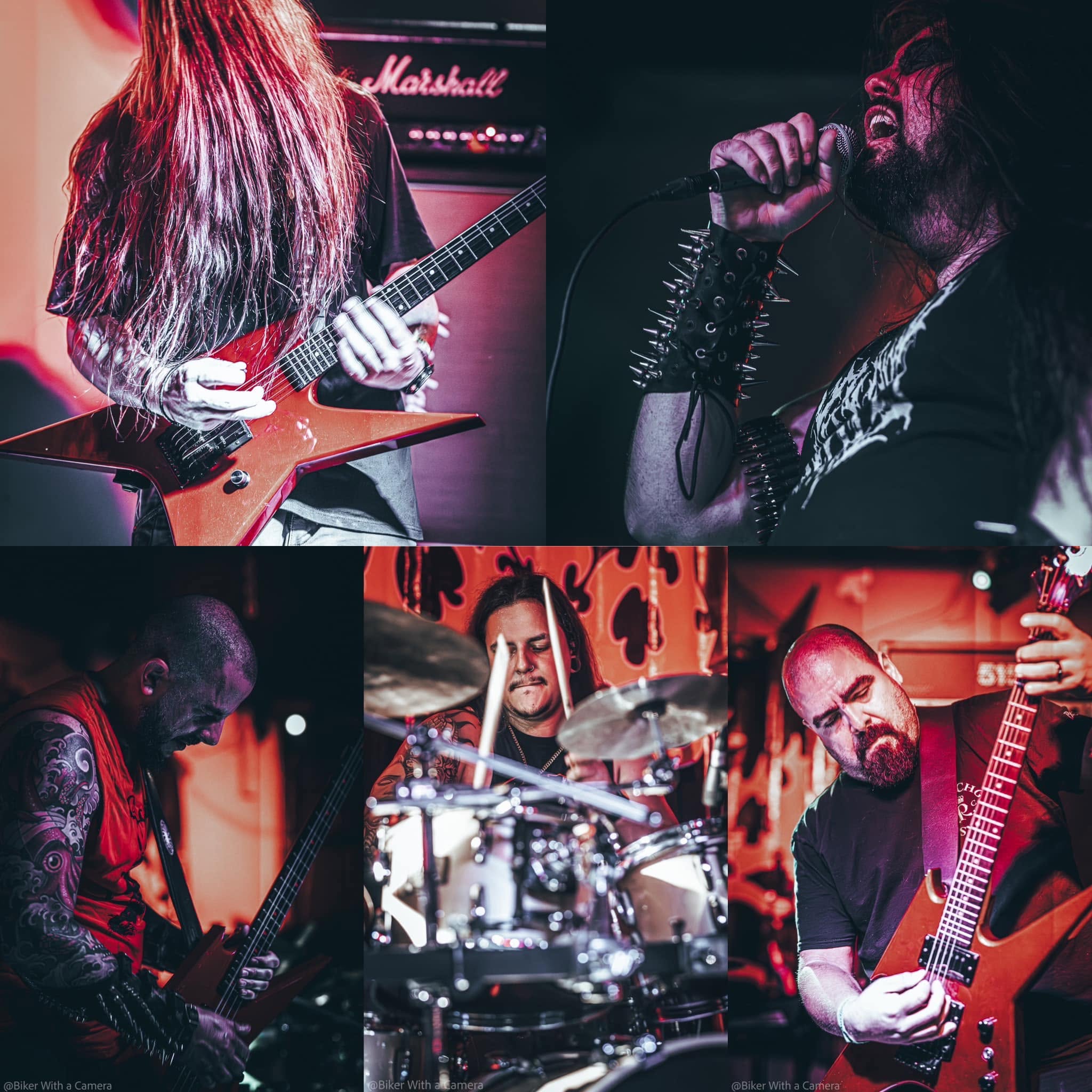 Four musicians performing on stage: guitarist, vocalist, drummer, and bassist, with stage lighting and equipment visible.