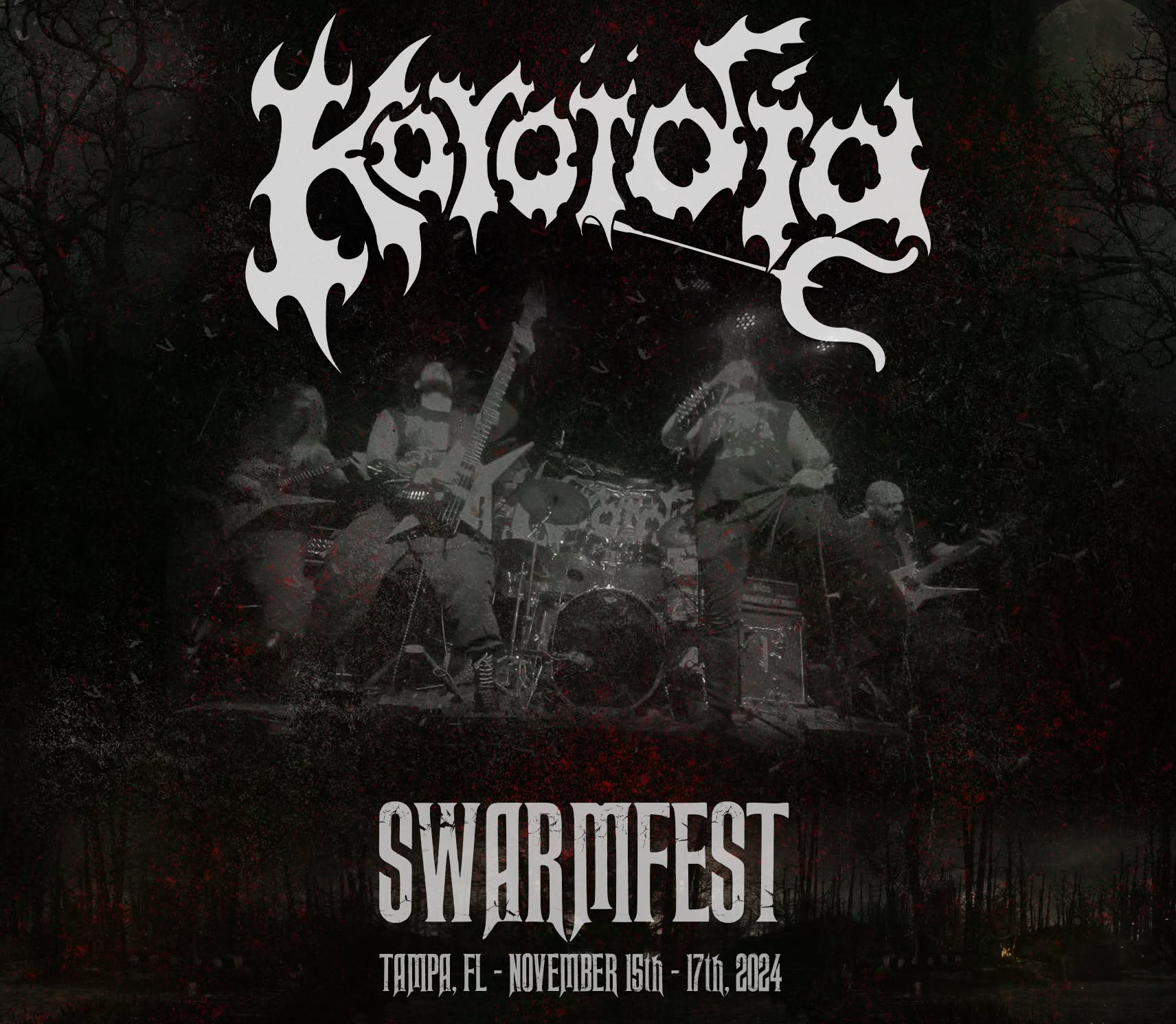 Band performing on stage with a dark background, event details for Swordfest in Tampa, Florida, November 15-16, 2024, visible.