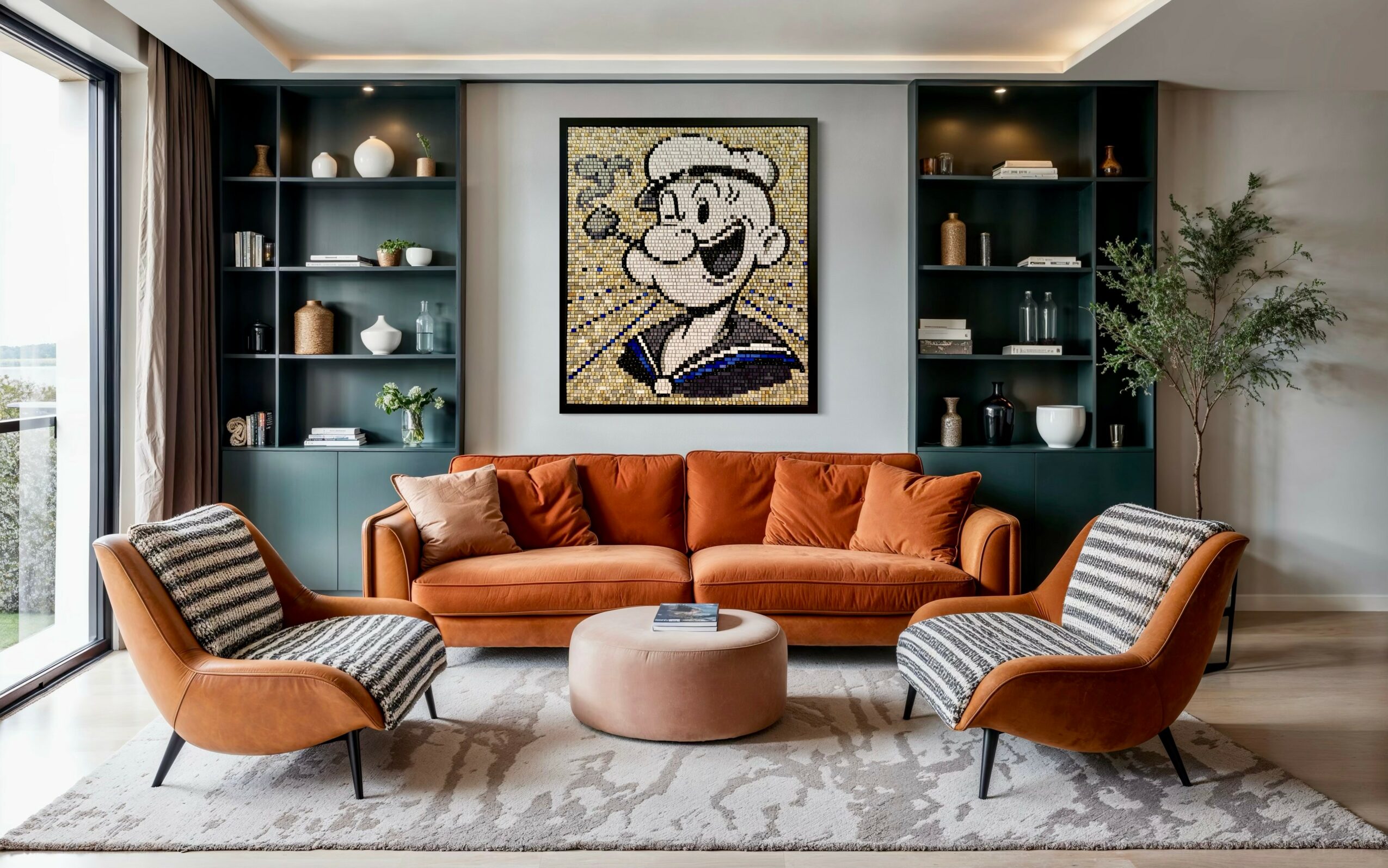 Living room with orange sofa, two striped armchairs, a round ottoman, and a framed cartoon portrait on the wall.