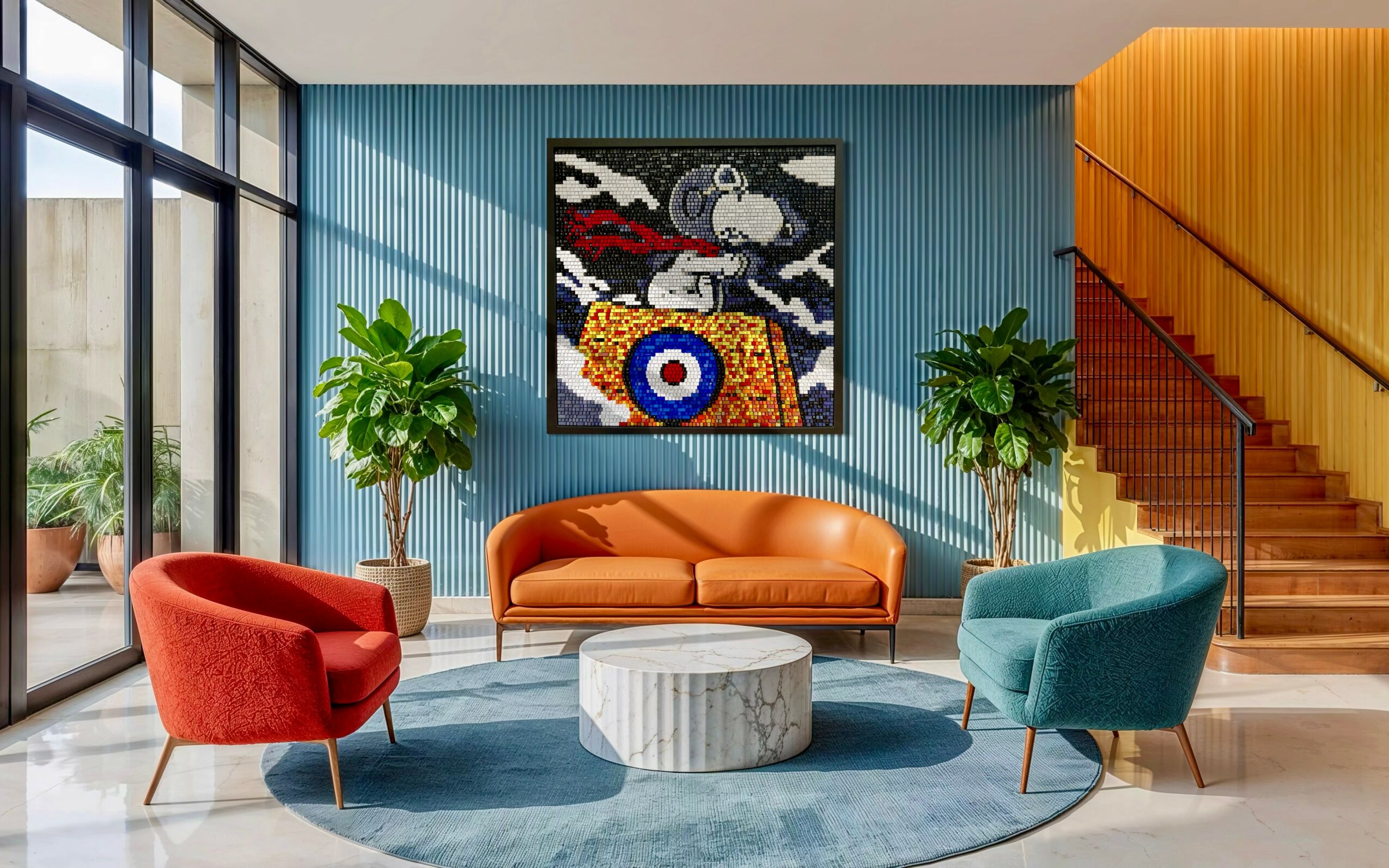 Living room with colorful chairs, a sofa, a round coffee table, and artwork on a blue wall.