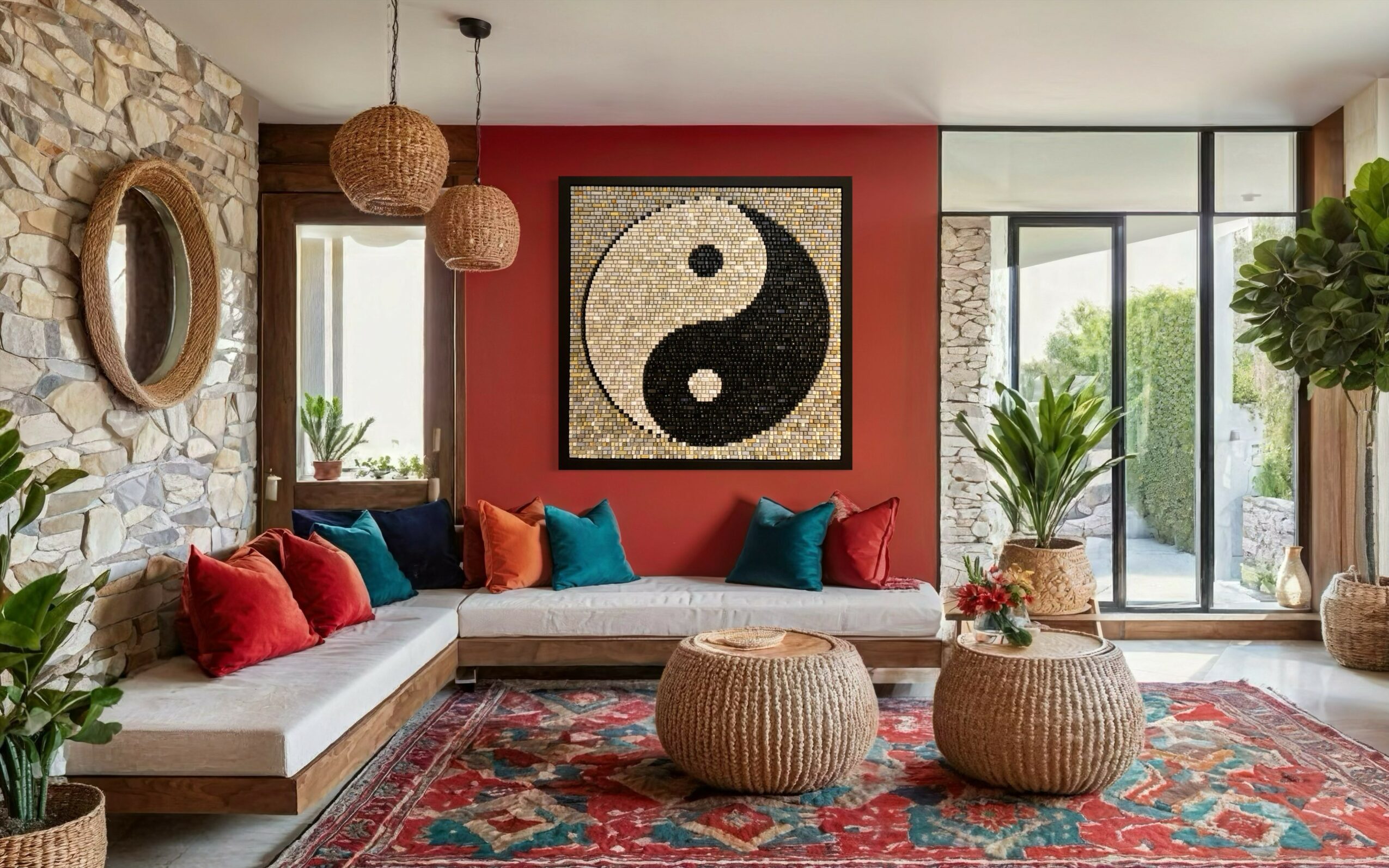Living room with stone wall, yin-yang artwork, colorful cushions, woven tables, and large windows with plants.