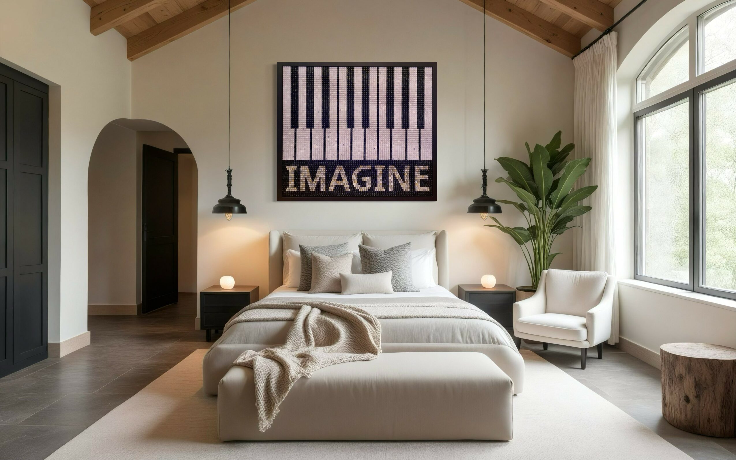 Bedroom with a bed, two nightstands, a large window, and a plant, with a wall art piece reading 'IMAGINE'.