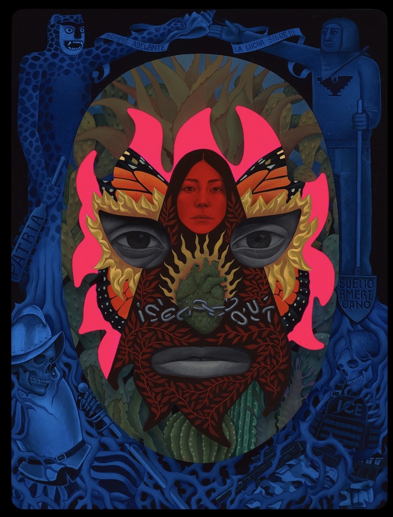 Colorful mask with a face, surrounded by blue figures and animals, featuring pink, yellow, and green elements.