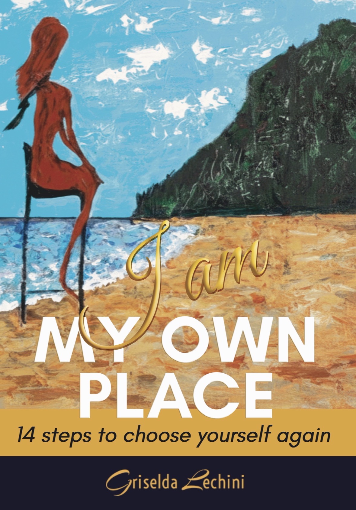 Silhouette of a person sitting on a rock by the sea with a mountain in the background, sky and clouds above, and text about self-empowerment.