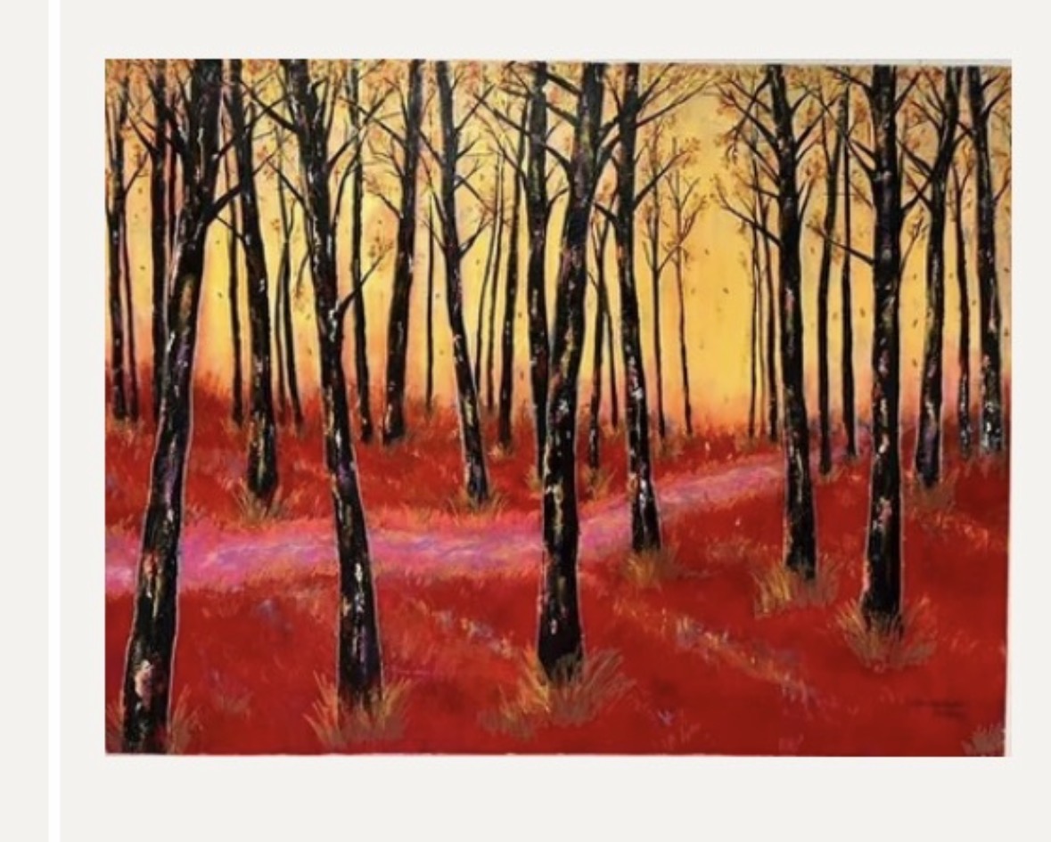 A painting of a forest with tall, thin trees and a warm, yellow-orange sky in the background, with red ground.