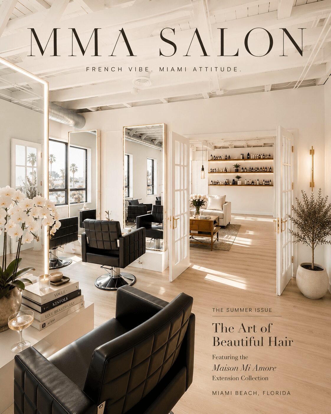 Interior of a salon with black chairs, white walls, and shelves with hair products, bright natural light, and plants.