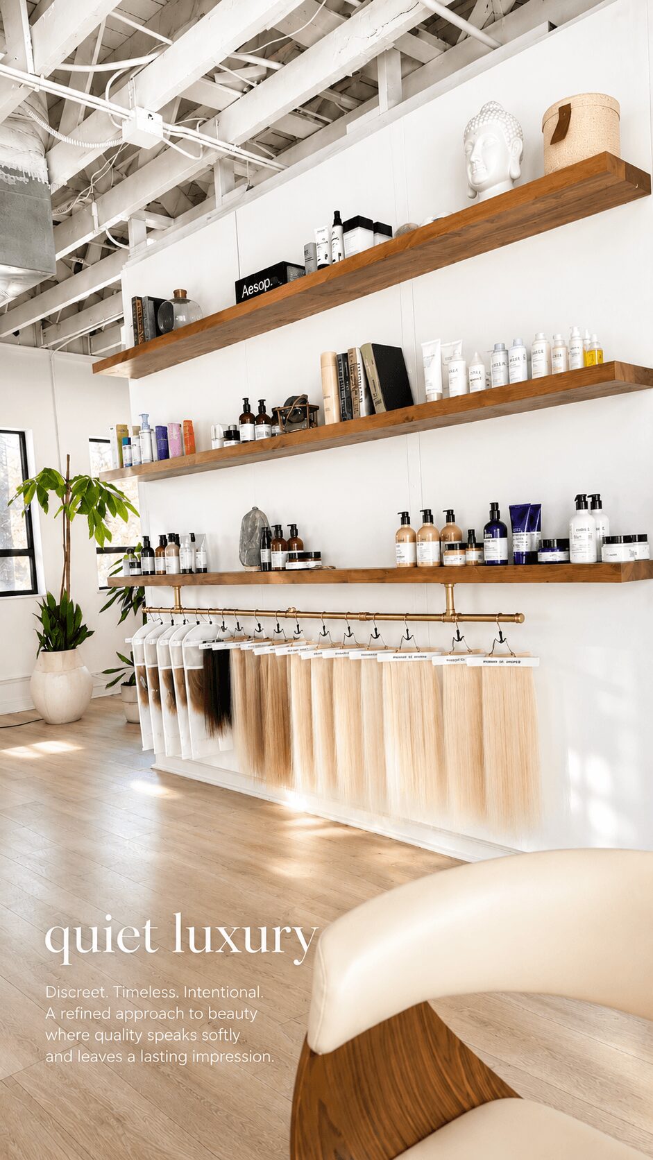 Interior with wooden shelves holding bottles and decor, a radiator, a potted plant, and a white chair, bright and modern space.