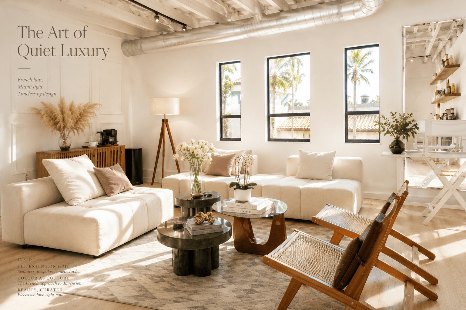 Living room with white sofas, wooden chairs, large windows, and decorative plants, creating a cozy, modern space.