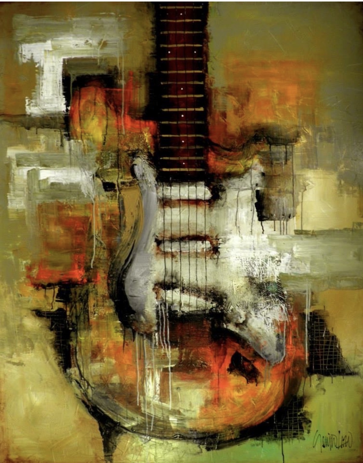 Abstract painting of a guitar with warm colors and textured brushstrokes, featuring a central vertical element resembling guitar strings.