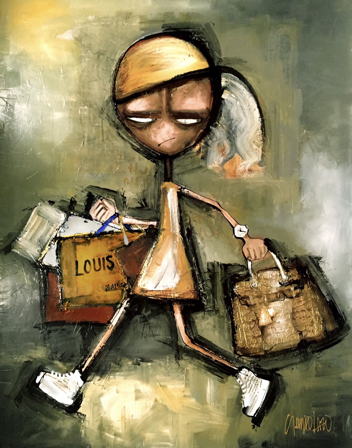 A stylized girl with blonde hair, carrying a bag labeled 'Louis' and a basket, walking with a neutral background.