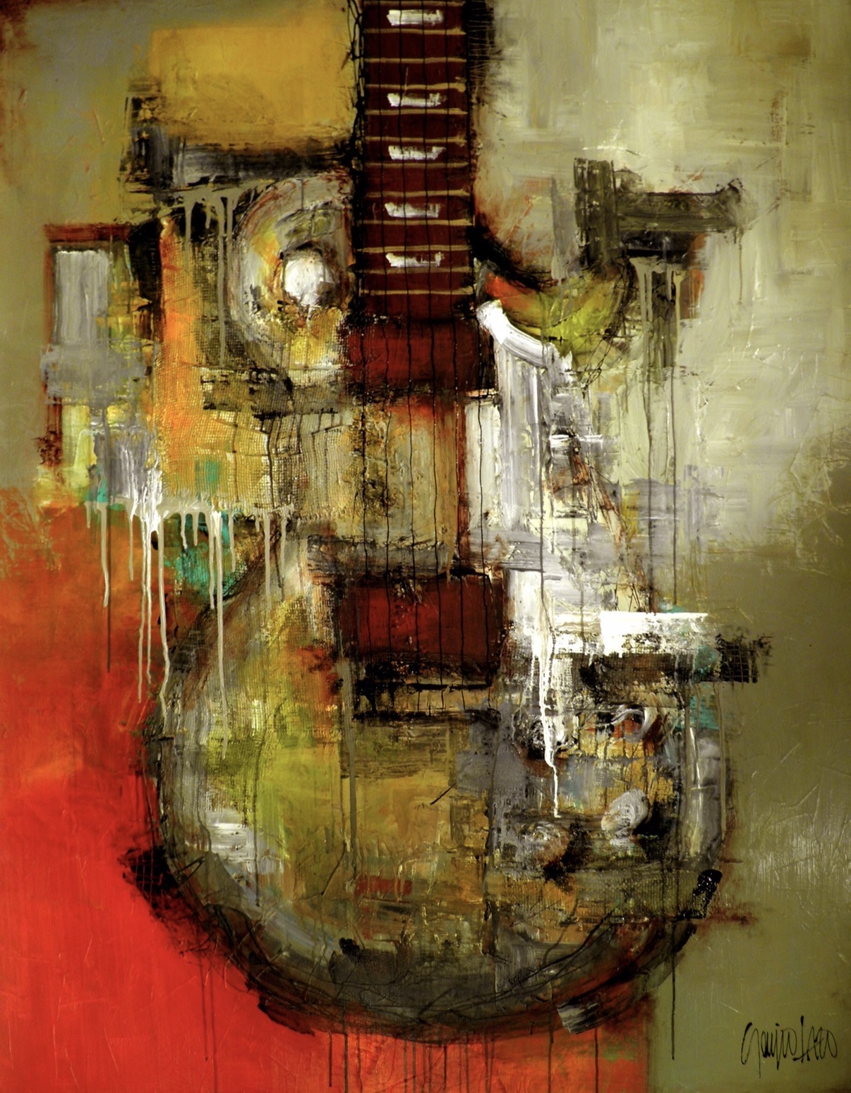 Abstract painting with geometric shapes and bold colors, including red, yellow, white, and black, on a textured background.