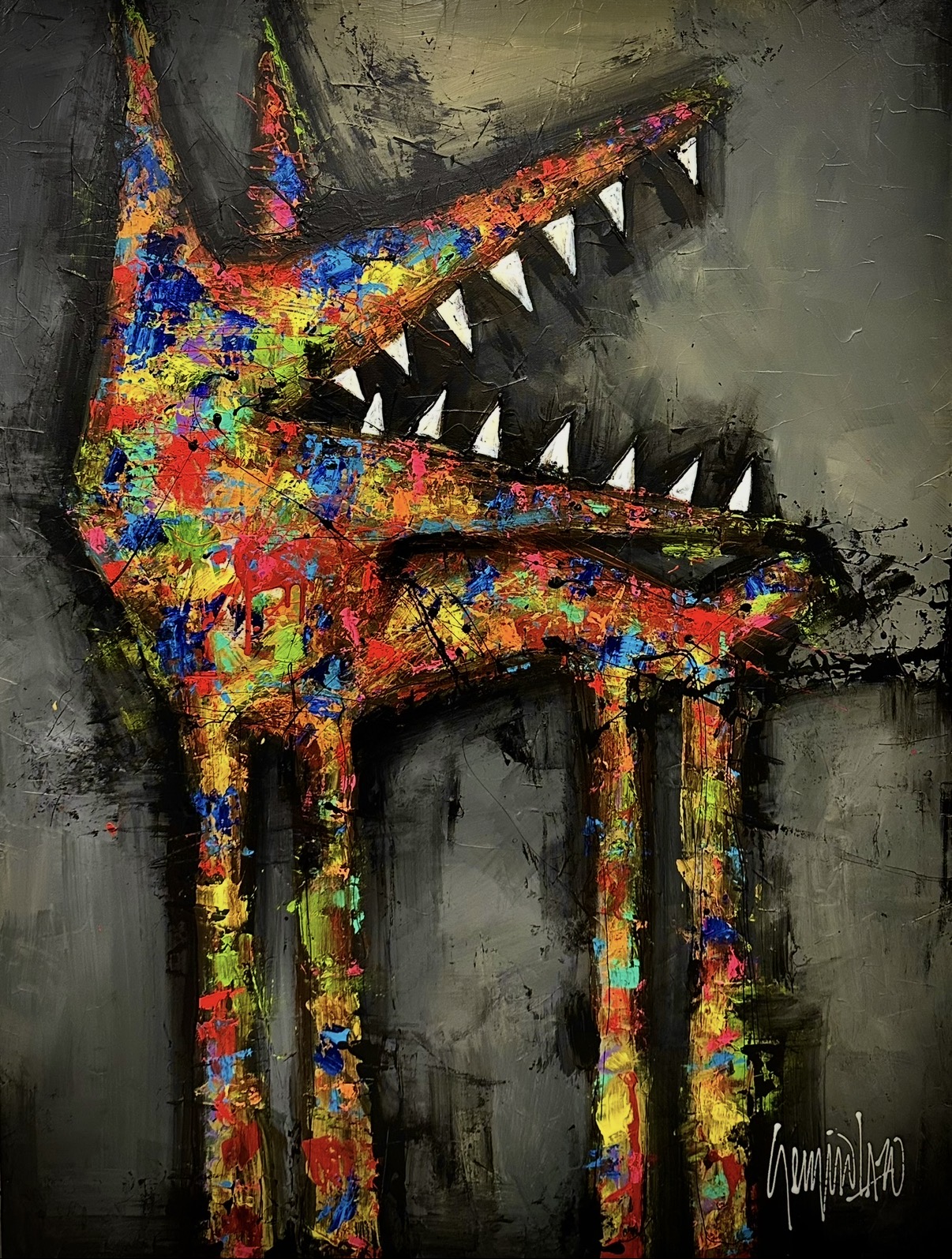 Colorful abstract creature with sharp teeth and long legs, painted on a dark background.