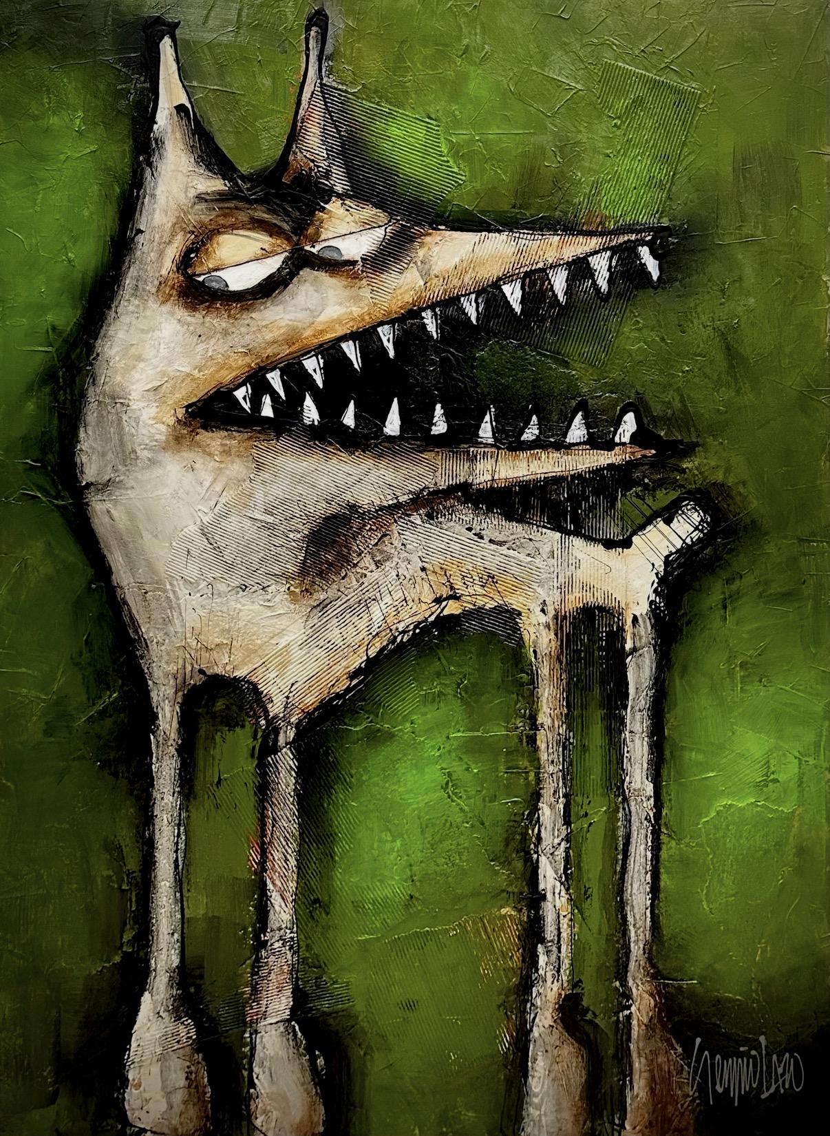 A creature with a large head, sharp teeth, and long legs, set against a green background.