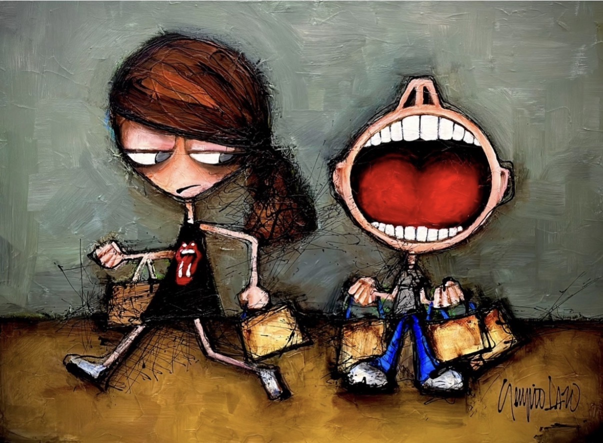 Two cartoon characters sitting on a bench, one with a sad expression and the other laughing loudly, against a green background.