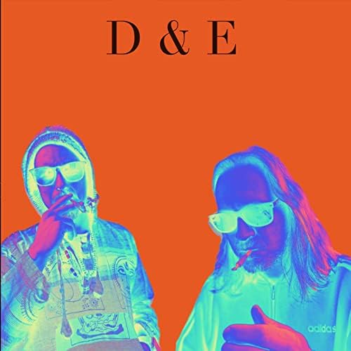 Two people wearing sunglasses and headphones, with an orange background and the text 'D & E' at the top.