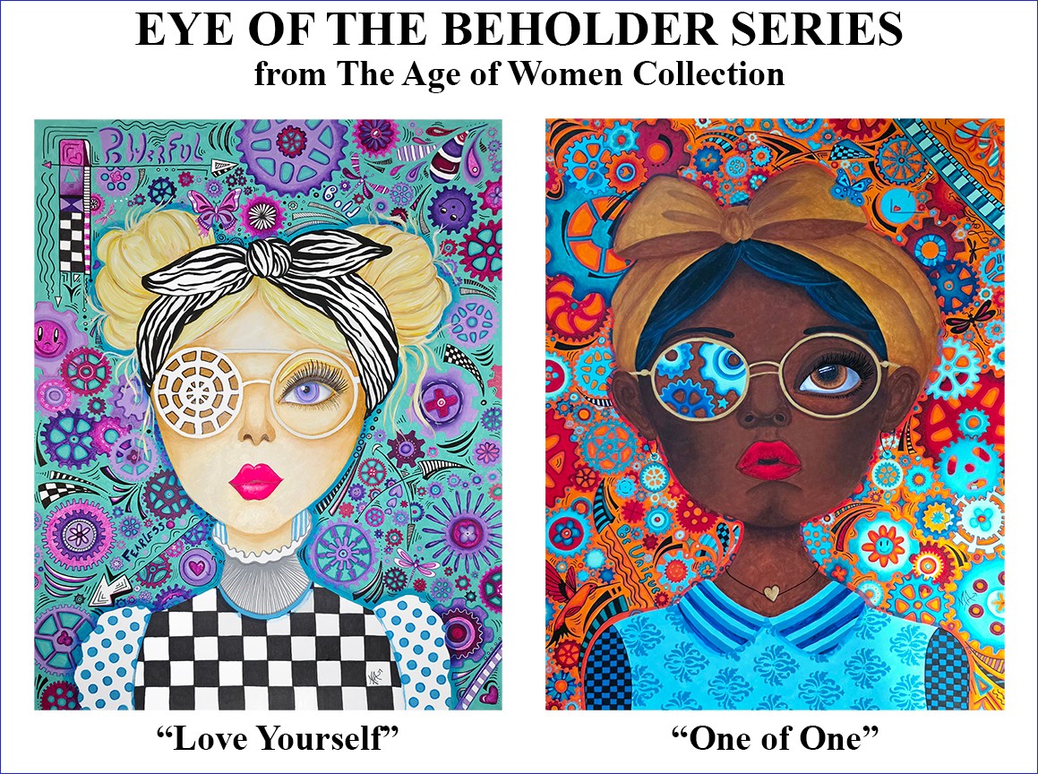 Two illustrated women with colorful backgrounds, one with a black and white checkered top and eyepatch, the other with glasses and a headscarf.