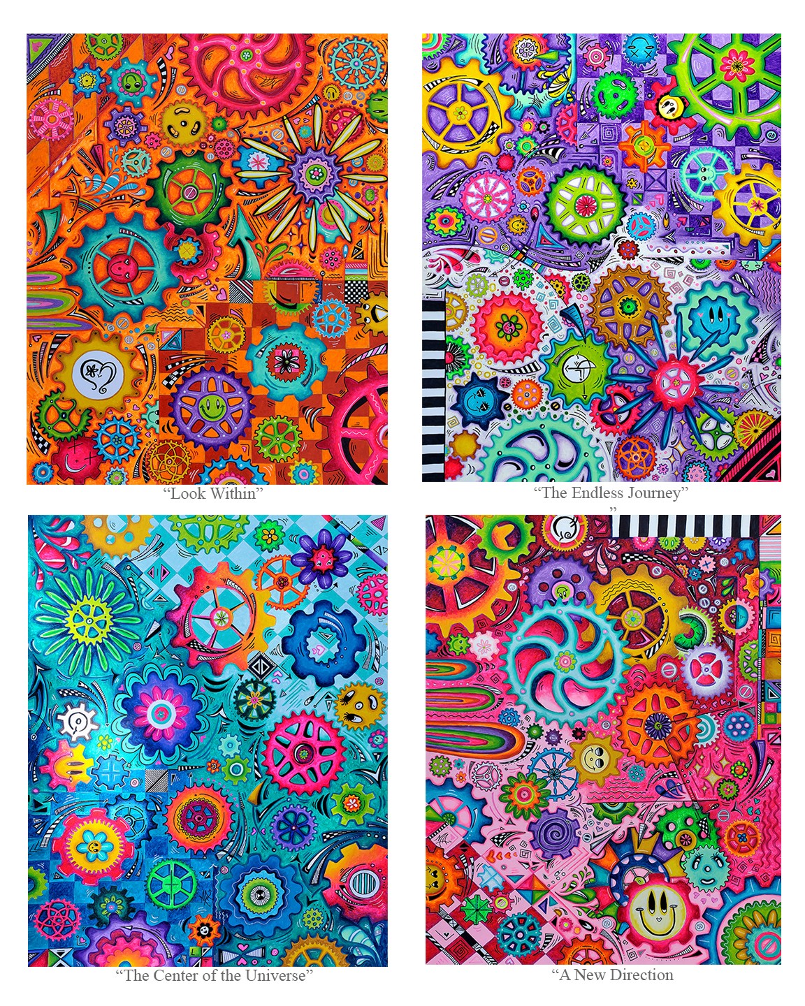 Four colorful images of gears and cogs with vibrant backgrounds, each with different color schemes and patterns.
