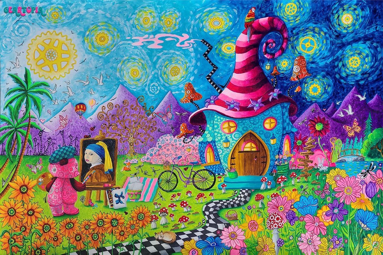 Colorful fantasy landscape with a whimsical house, pink creature, person, and vibrant flowers and mountains.