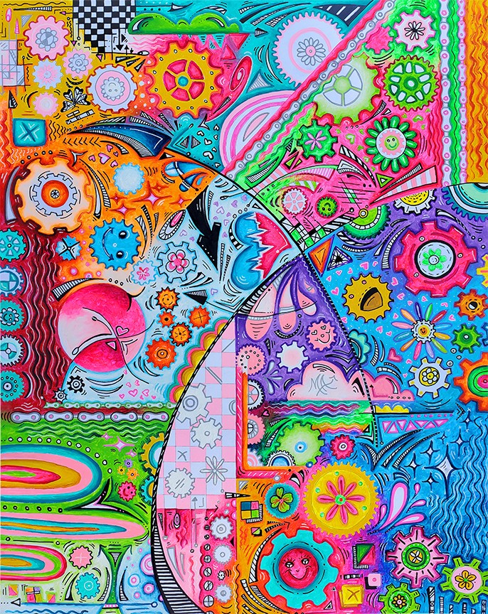 Colorful abstract artwork with gears, flowers, and swirling patterns in vibrant pink, blue, green, and orange hues.