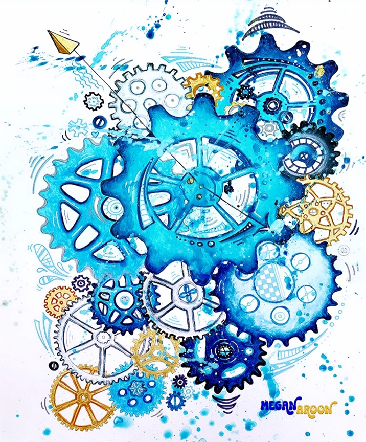 Cluster of blue and gold gears and cogs interconnected, with Washington Monument in background, watercolor style.