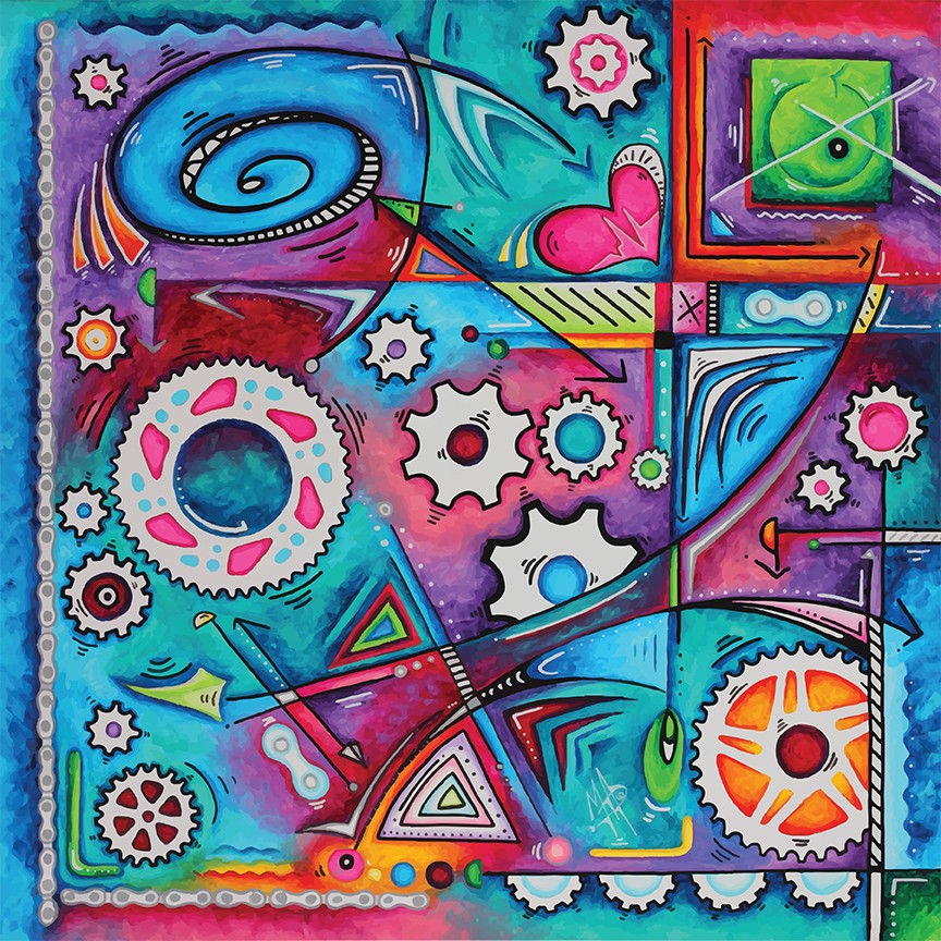 Abstract colorful artwork with gears, spirals, and geometric shapes in vibrant colors.