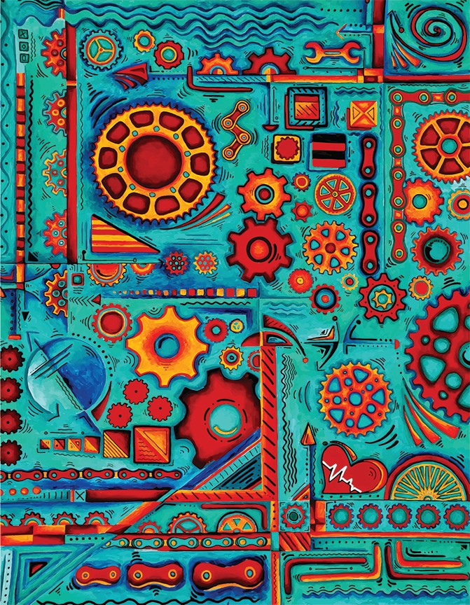 Colorful abstract pattern with gears, lines, and shapes in red, orange, yellow, and blue on a turquoise background.