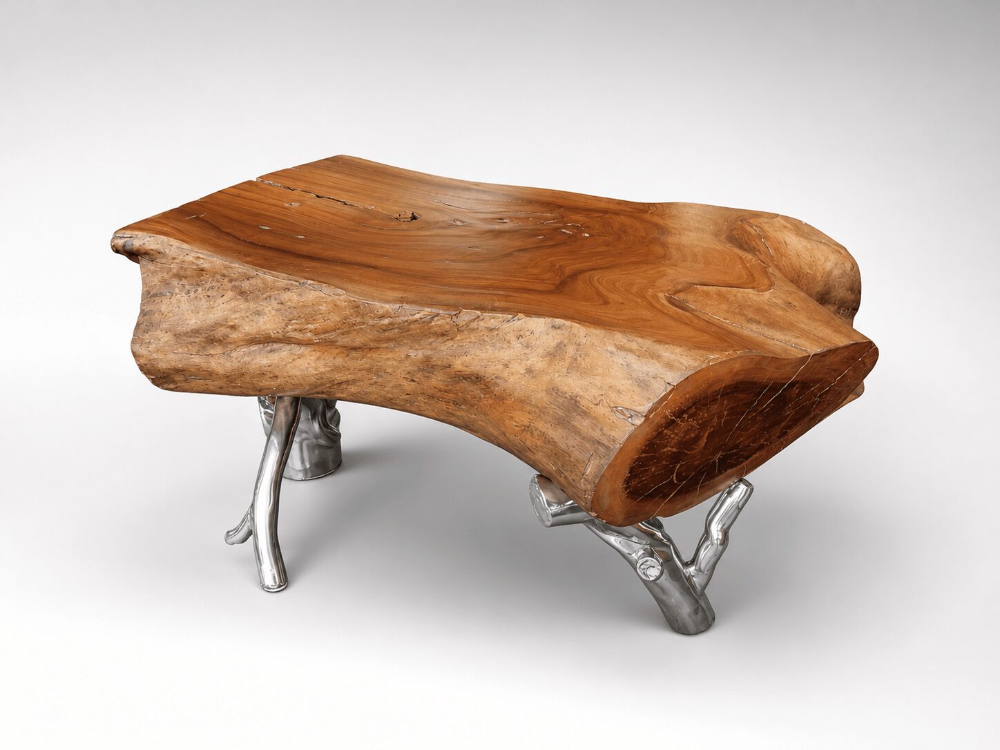 A wooden table with a natural, irregular shape and metal legs, set against a plain background.