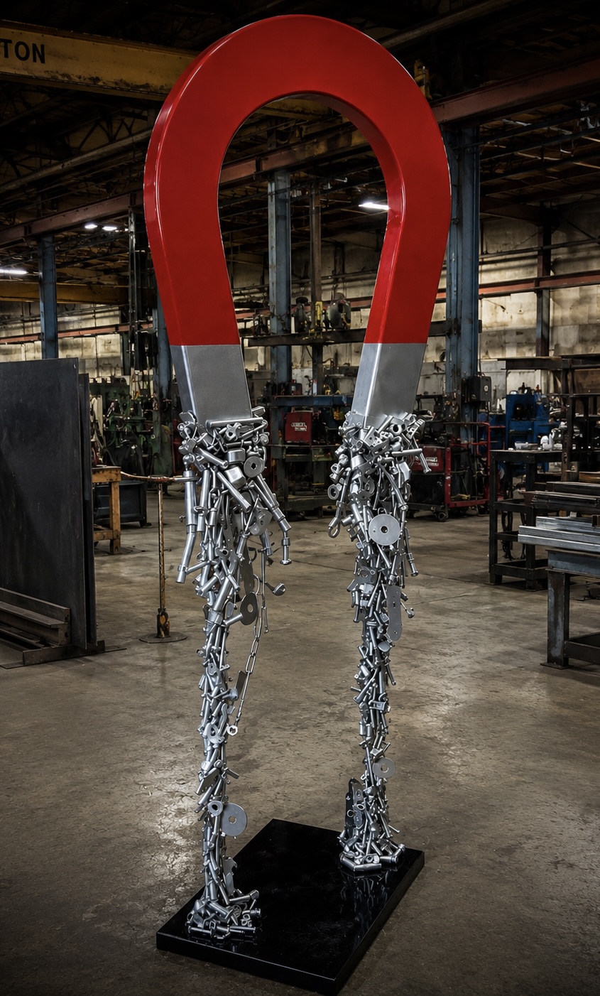 Large horseshoe sculpture with chains hanging from the open ends, placed on a black base inside an industrial workshop.