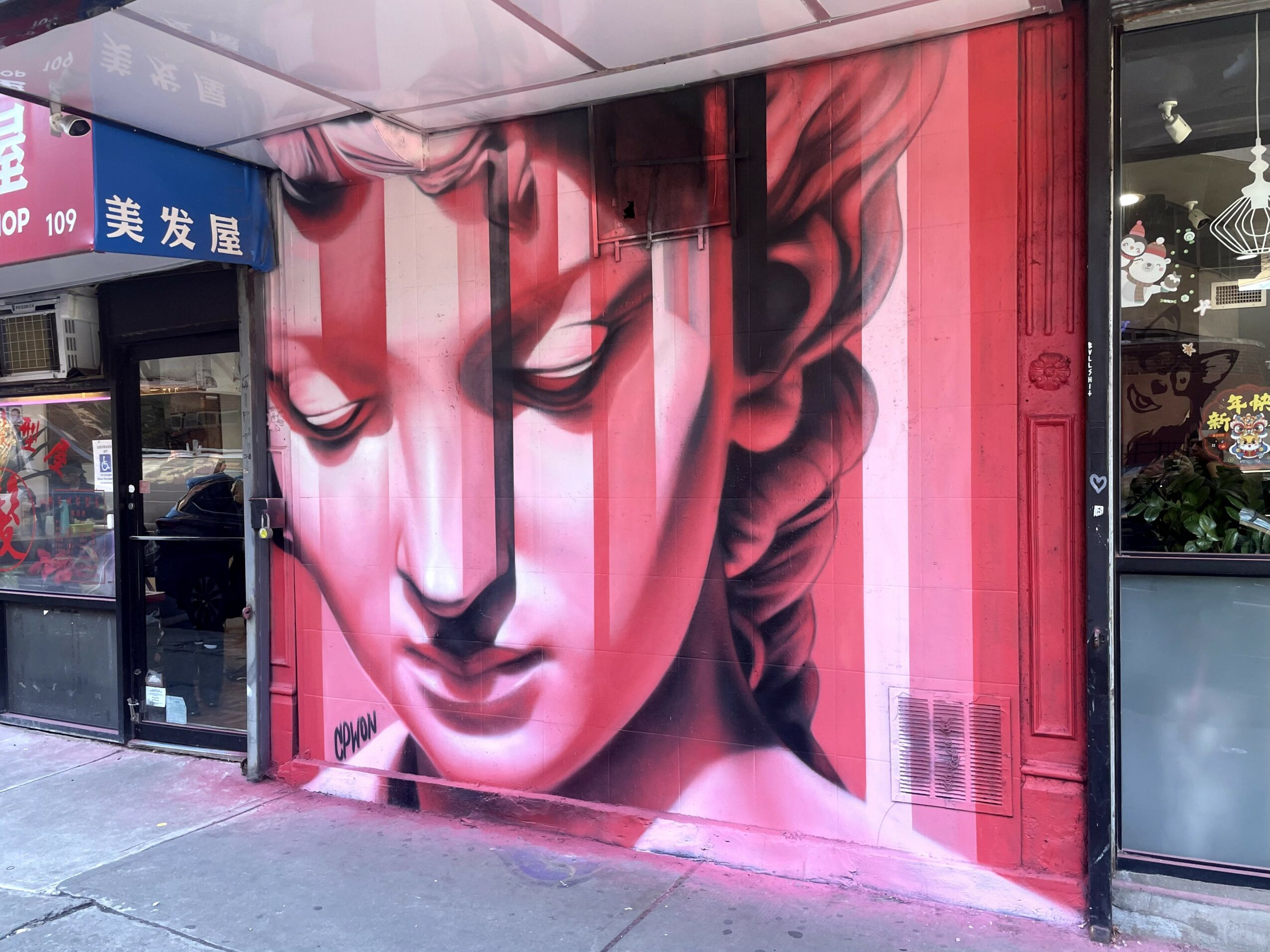 Large mural of a woman's face with closed eyes and curly hair, painted on a building exterior wall.