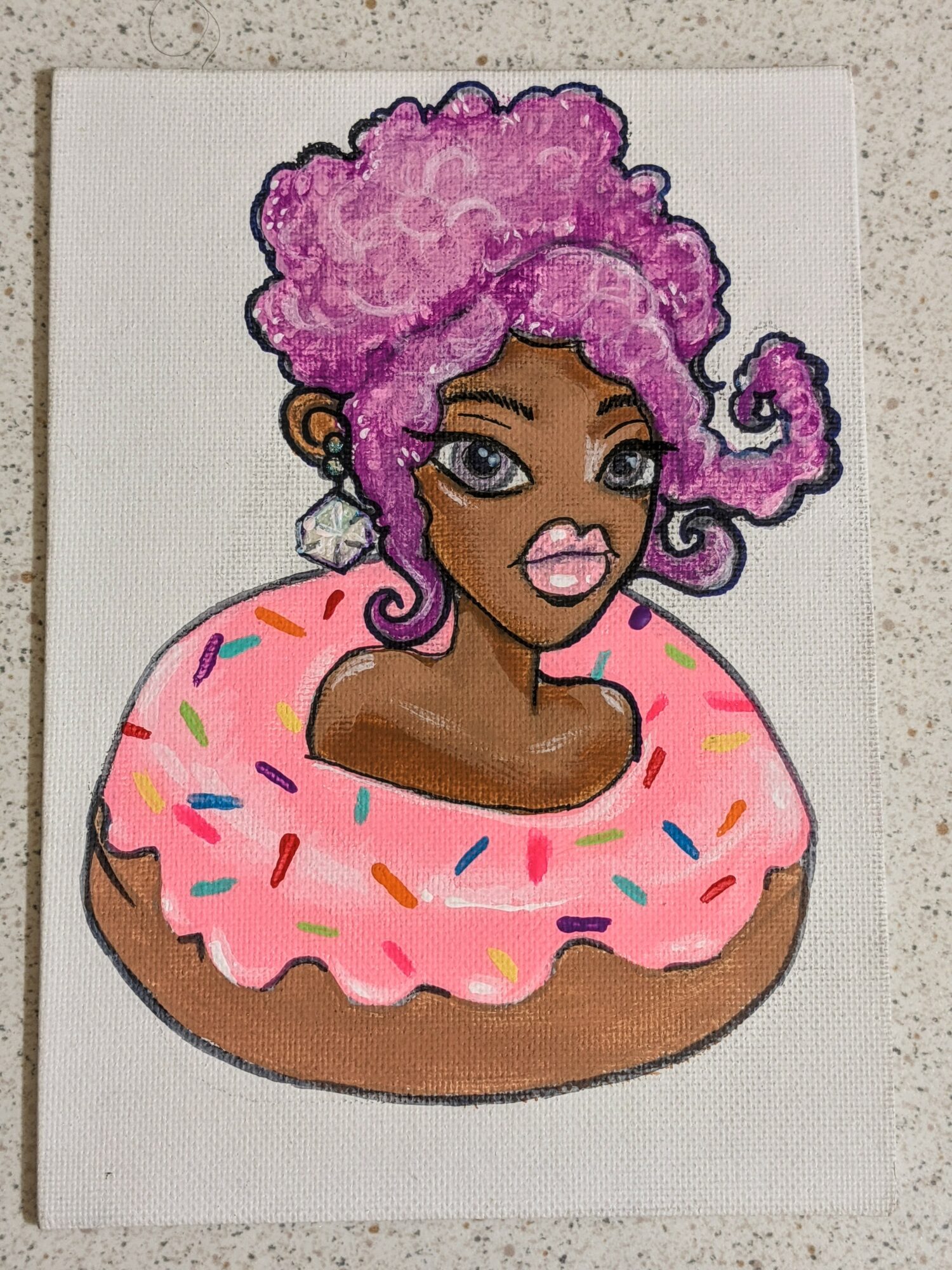 Drawing of a woman with purple curly hair inside a pink frosted donut with sprinkles, against a light background.