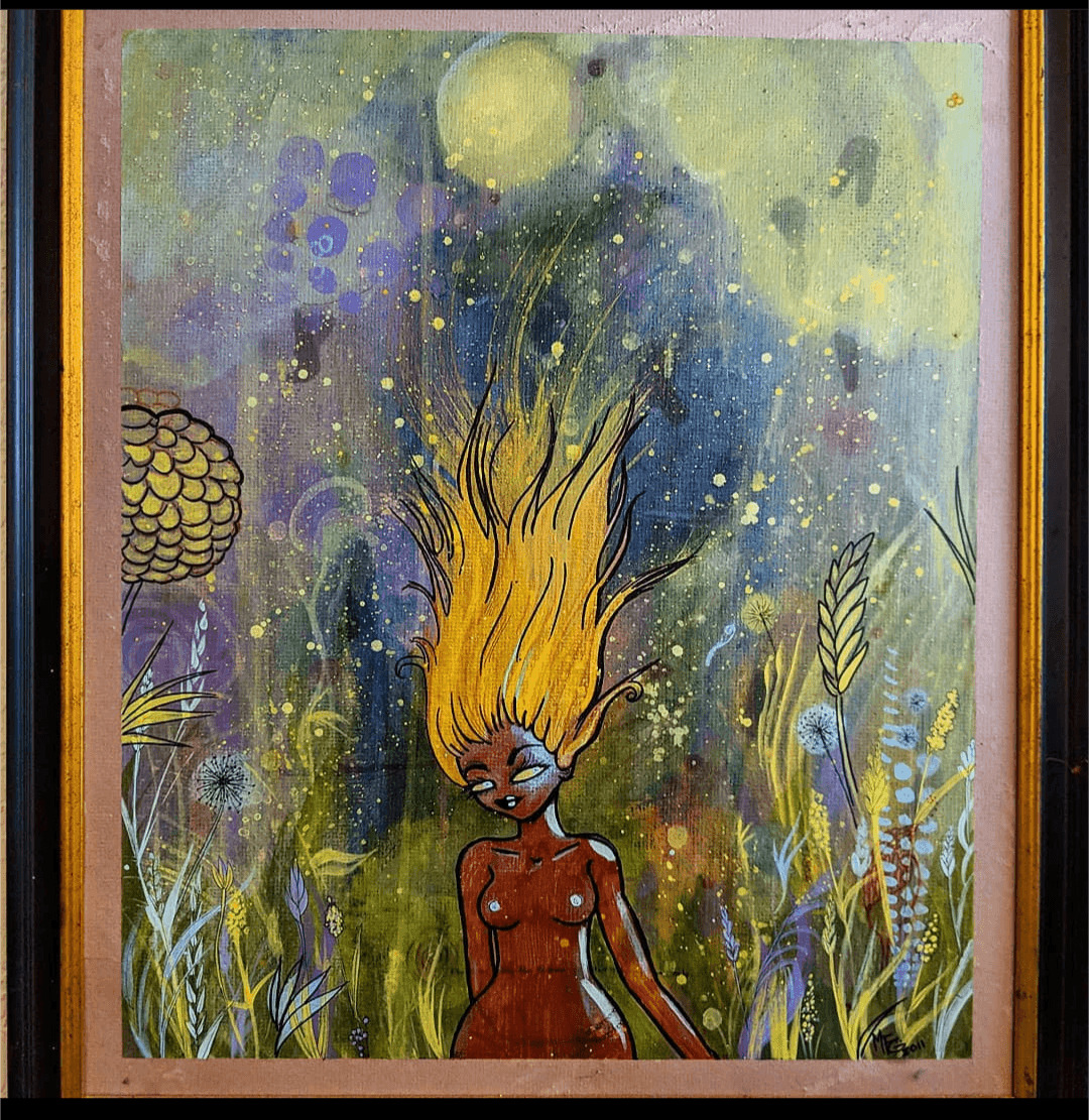 A painting of a woman with long, flowing yellow hair standing among plants and abstract background.