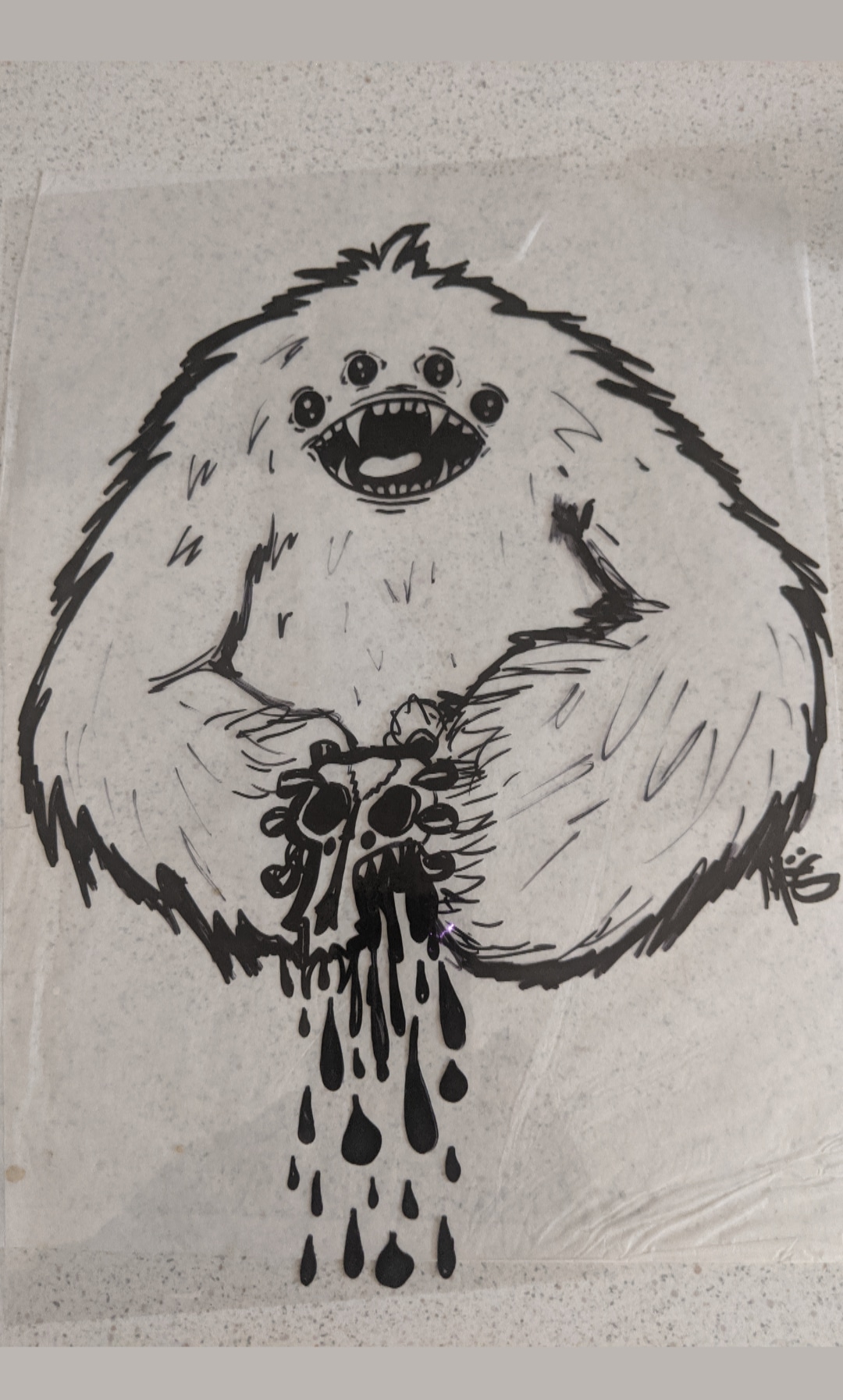 Drawing of a furry creature with multiple eyes, a wide mouth, and dripping black liquid from its hands.