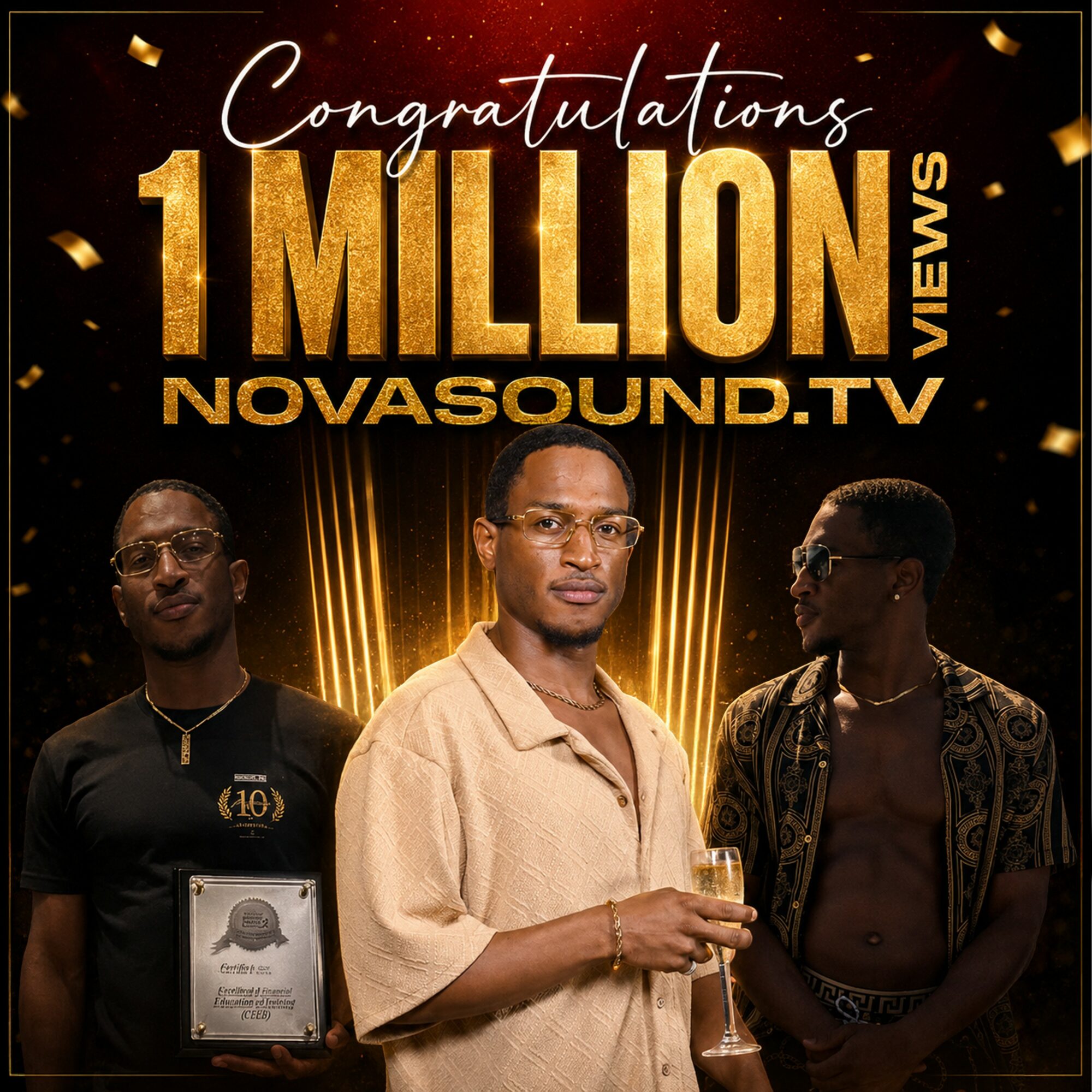 Three men stand together at a celebration, with text celebrating 1 million views on Novasound.tv, gold and black background, one holding a plaque.
