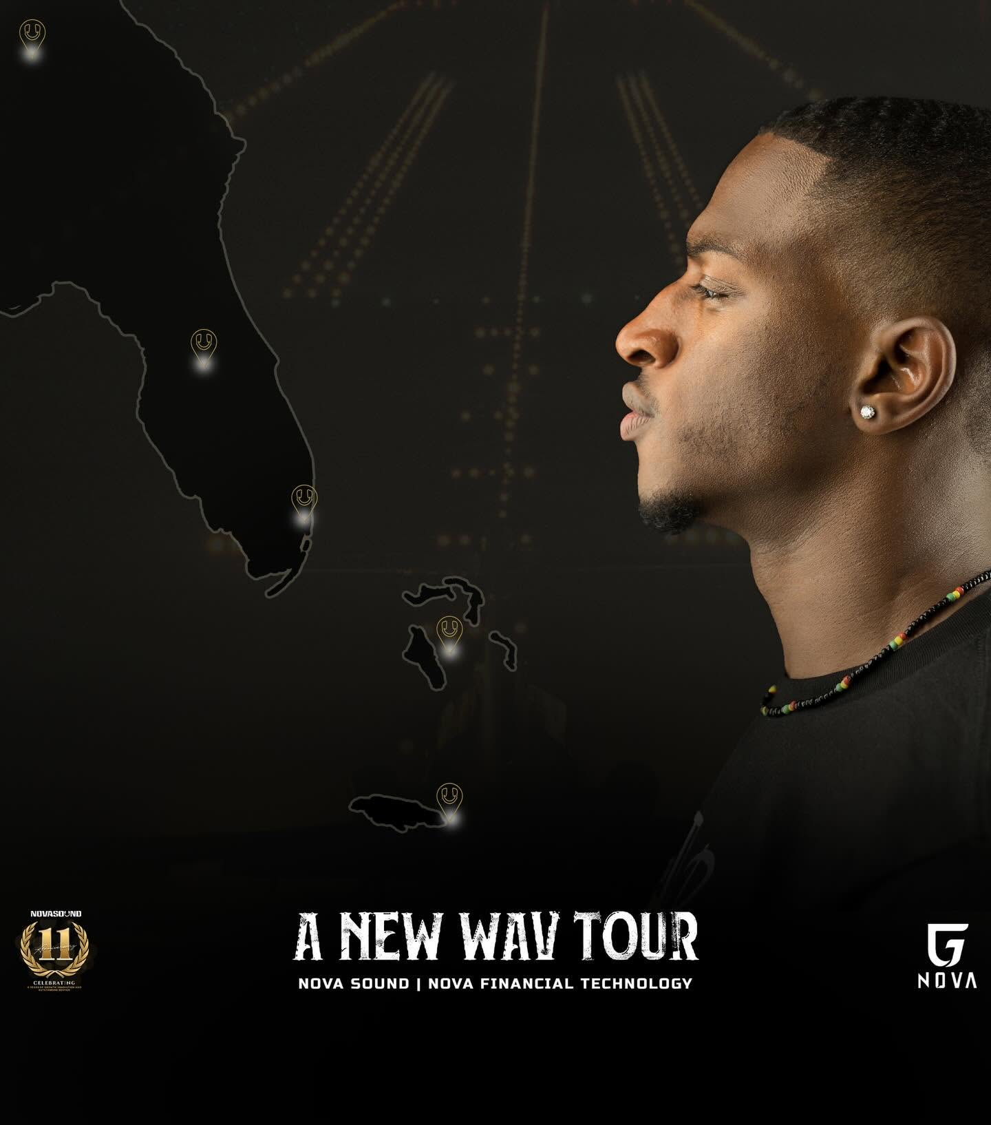 Profile of a man with short hair and earrings facing right, with a dark background and map outlines, promoting a tour.