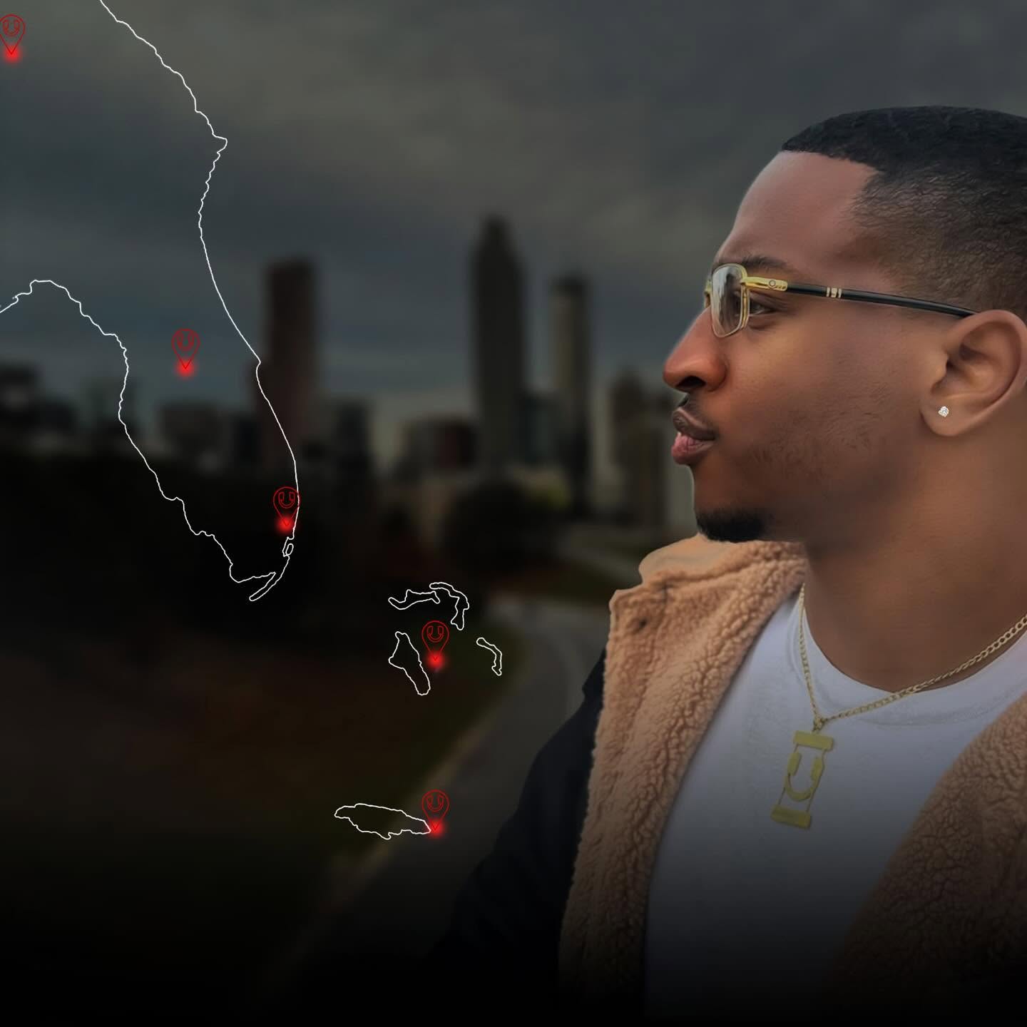 Person with glasses and short hair looking at a stormy sky with lightning over a city skyline, wearing a beige jacket and gold jewelry.