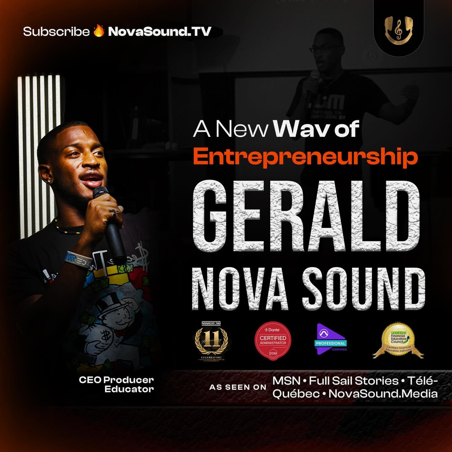 Young man speaking into microphone at event, text about Gerald Nova Sound and entrepreneurship, dark background, logos at bottom.