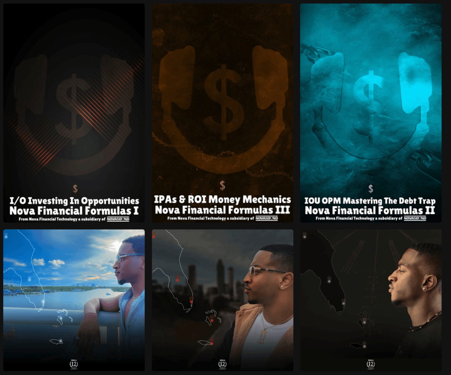 Three images with financial themes, including a person looking at water, a person with glasses, and a person in profile, with text about investing and financial formulas.