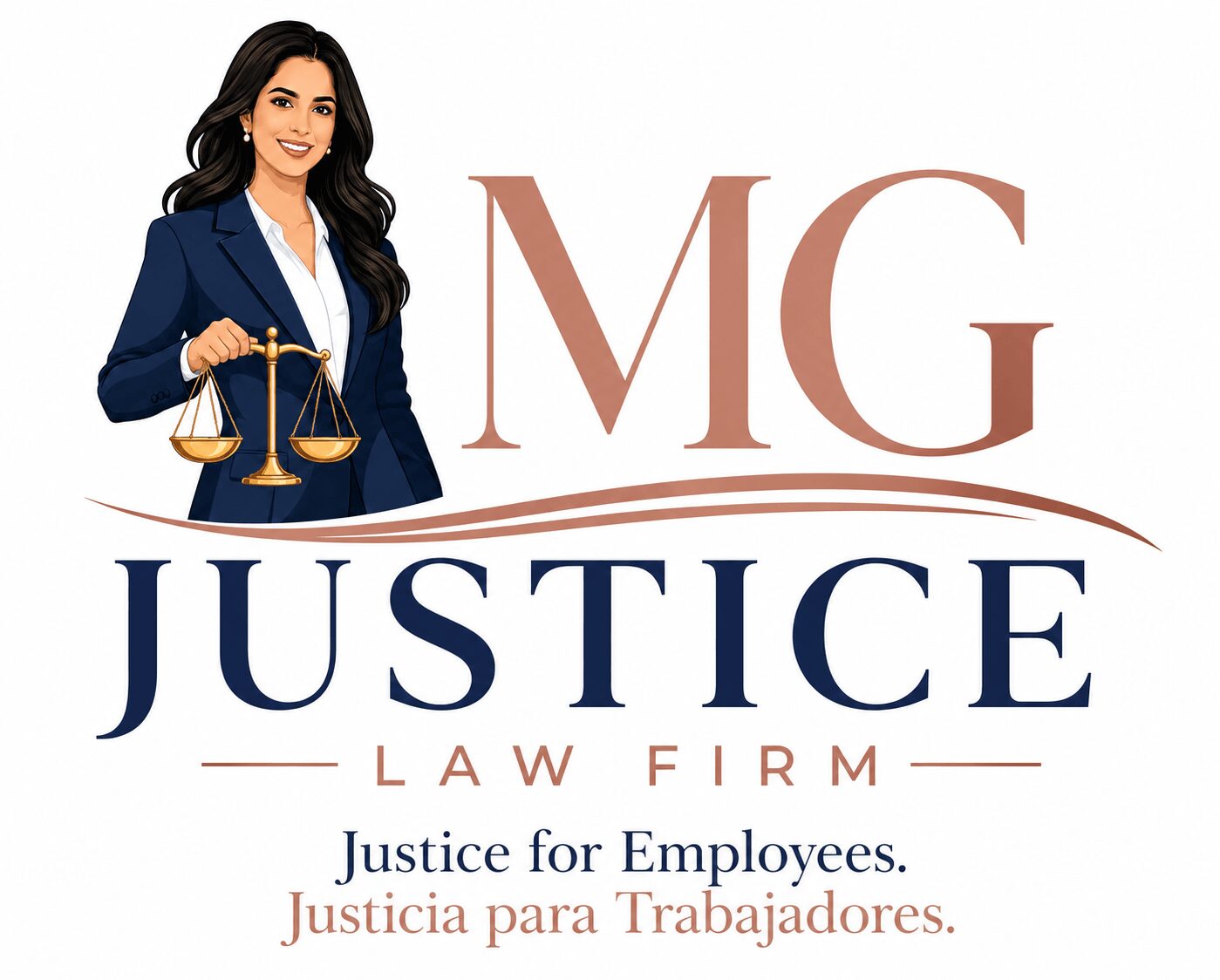 Logo with a woman holding scales, text 'MG Justice Law Firm,' and slogan 'Justice for Employees.'