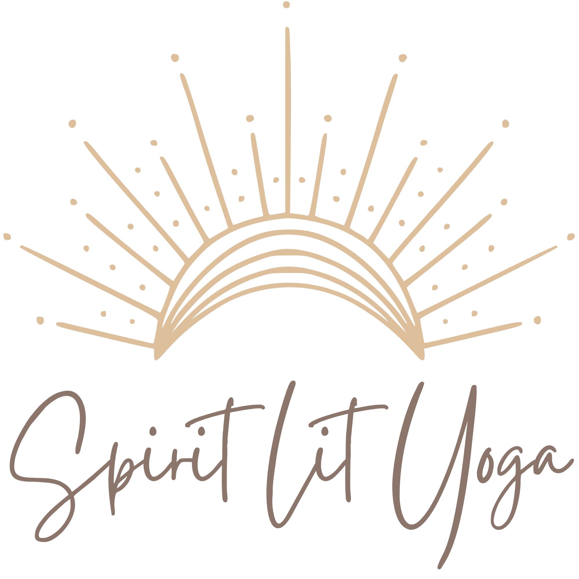 Sunburst design with the text 'Spirit It Yoga' in cursive below, on a white background.