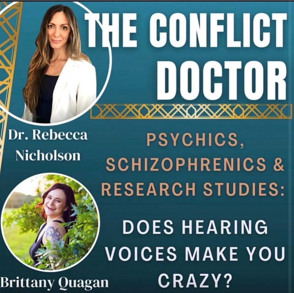 Book cover with images of two women, title 'The Conflict Doctor,' and subtitle about psychics, schizophrenia, and hearing voices.