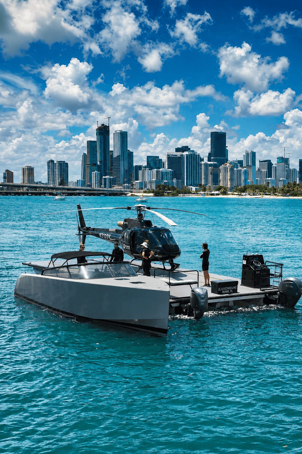 Motorboat on water with city skyline and blue sky with clouds in background, person standing on boat, visible equipment on boat