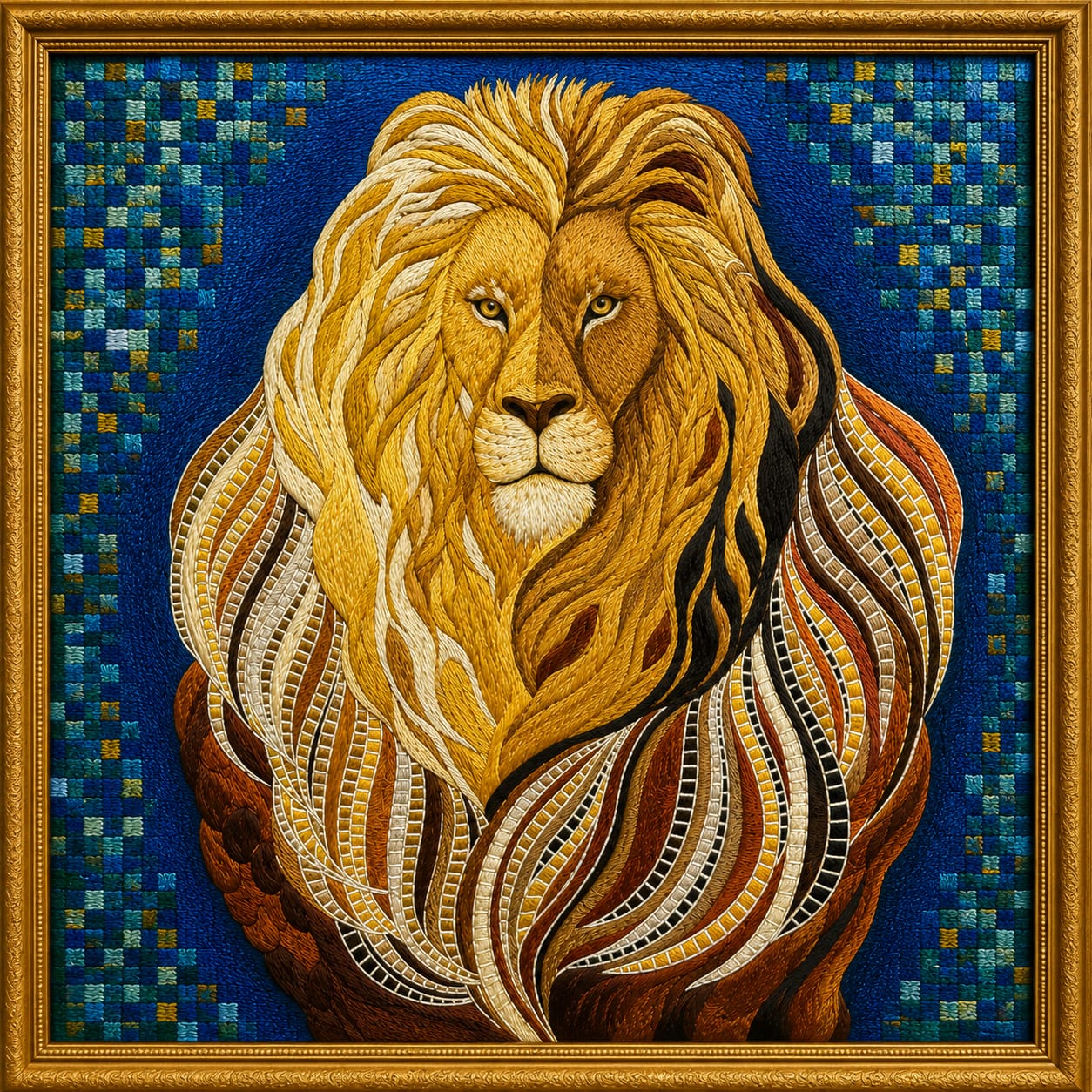 Portrait of a lion with a detailed, colorful mane against a blue background, framed in a gold frame.