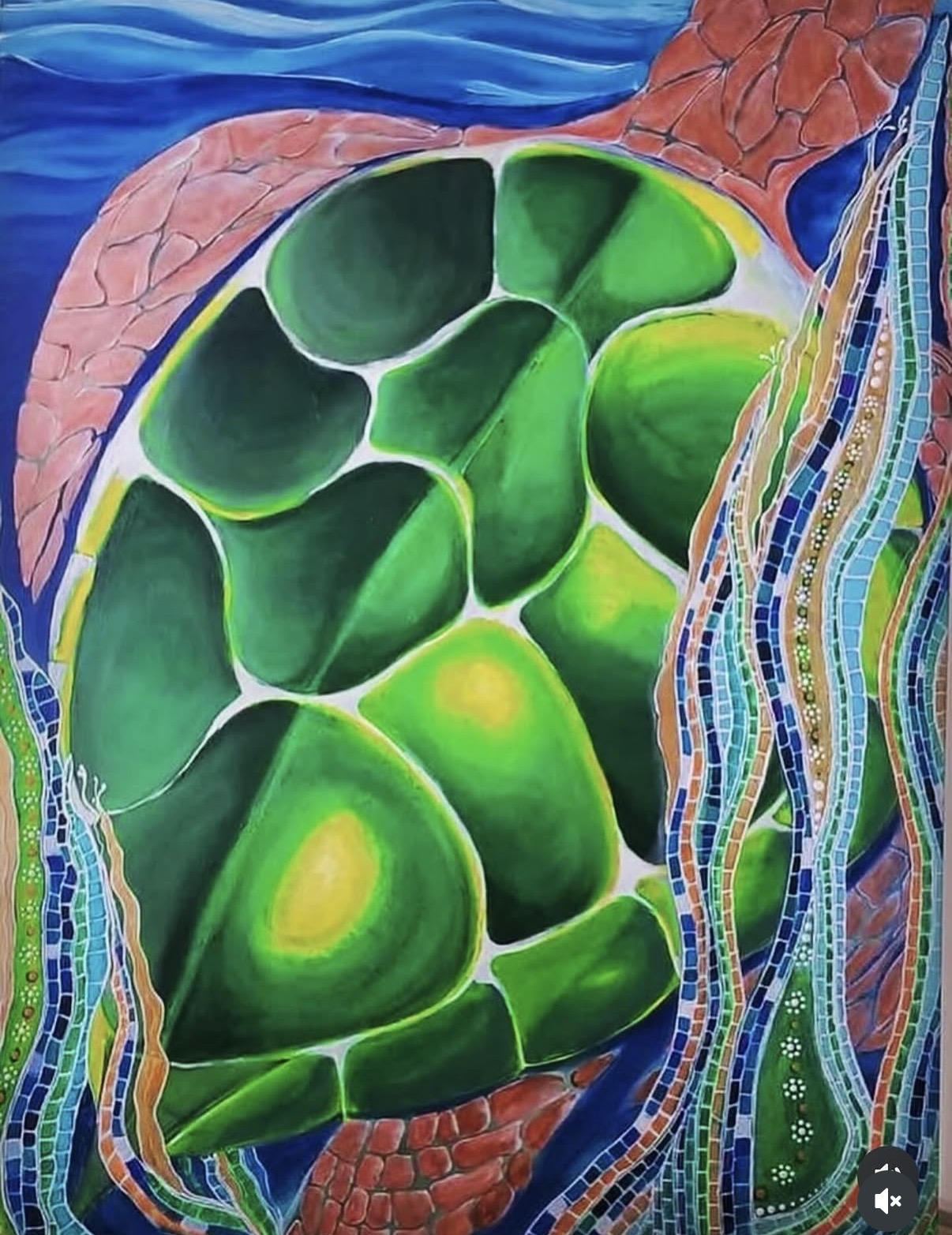 Close-up of green, rounded plant structures with colorful, wavy lines and textured background, possibly a painting or illustration.