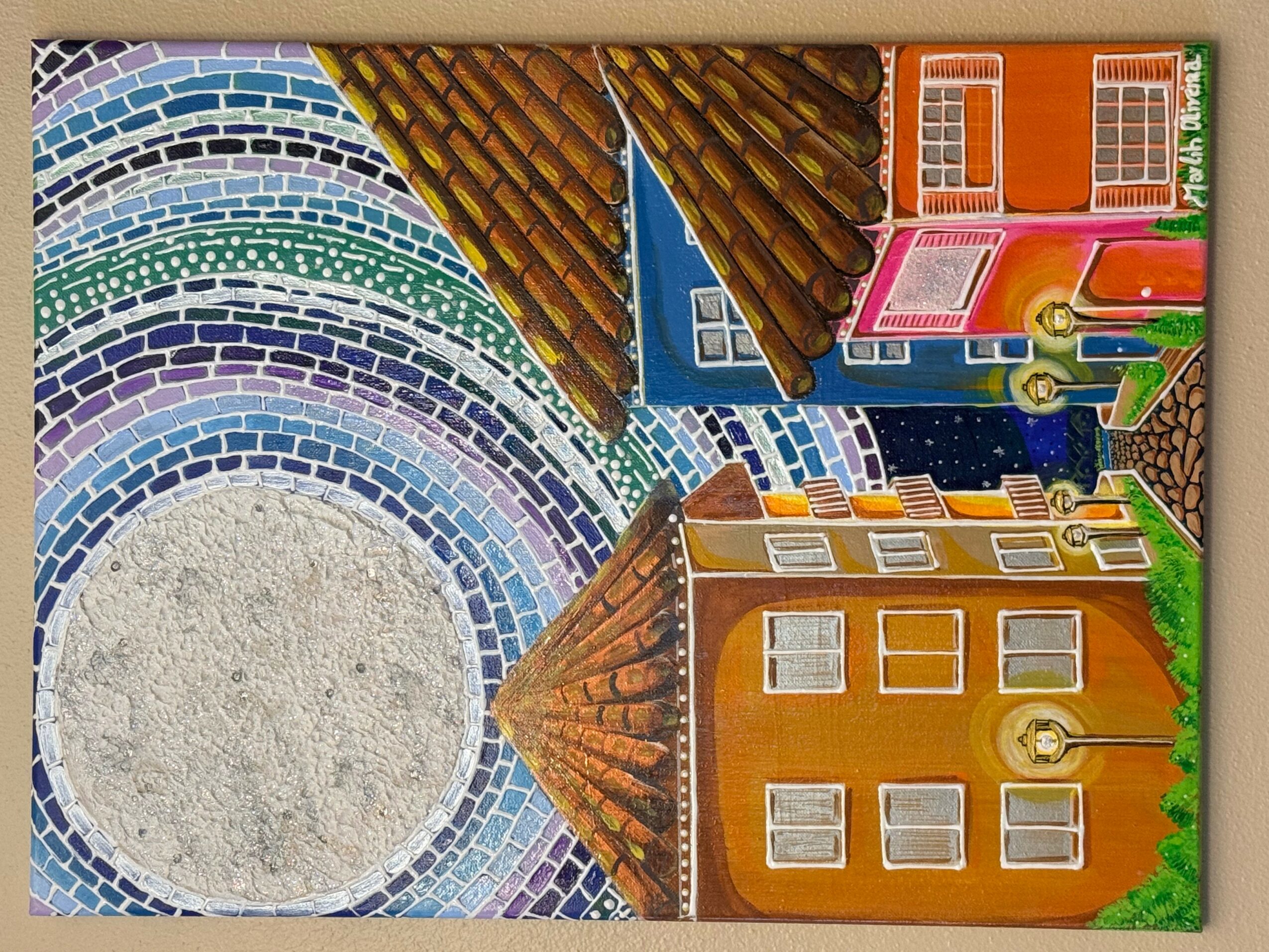 Colorful illustration of buildings with a clock, a tower, and a mosaic archway, viewed from below. Word 'HAMBURG' visible.